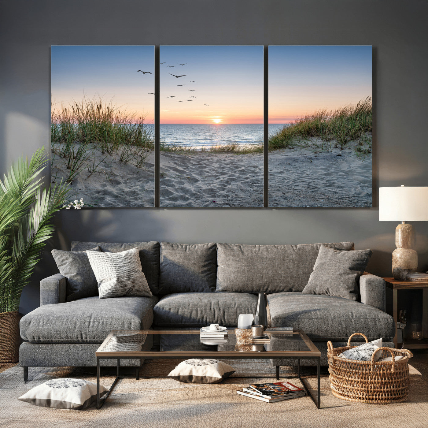 12172032-MGV-CV-36X24 - Sandy Dune Path Sunset Canvas Wall Art — Seagulls Beach Ocean Photography Print | Coastal Home Decor | Nautical Wall Art | Beach House Gift