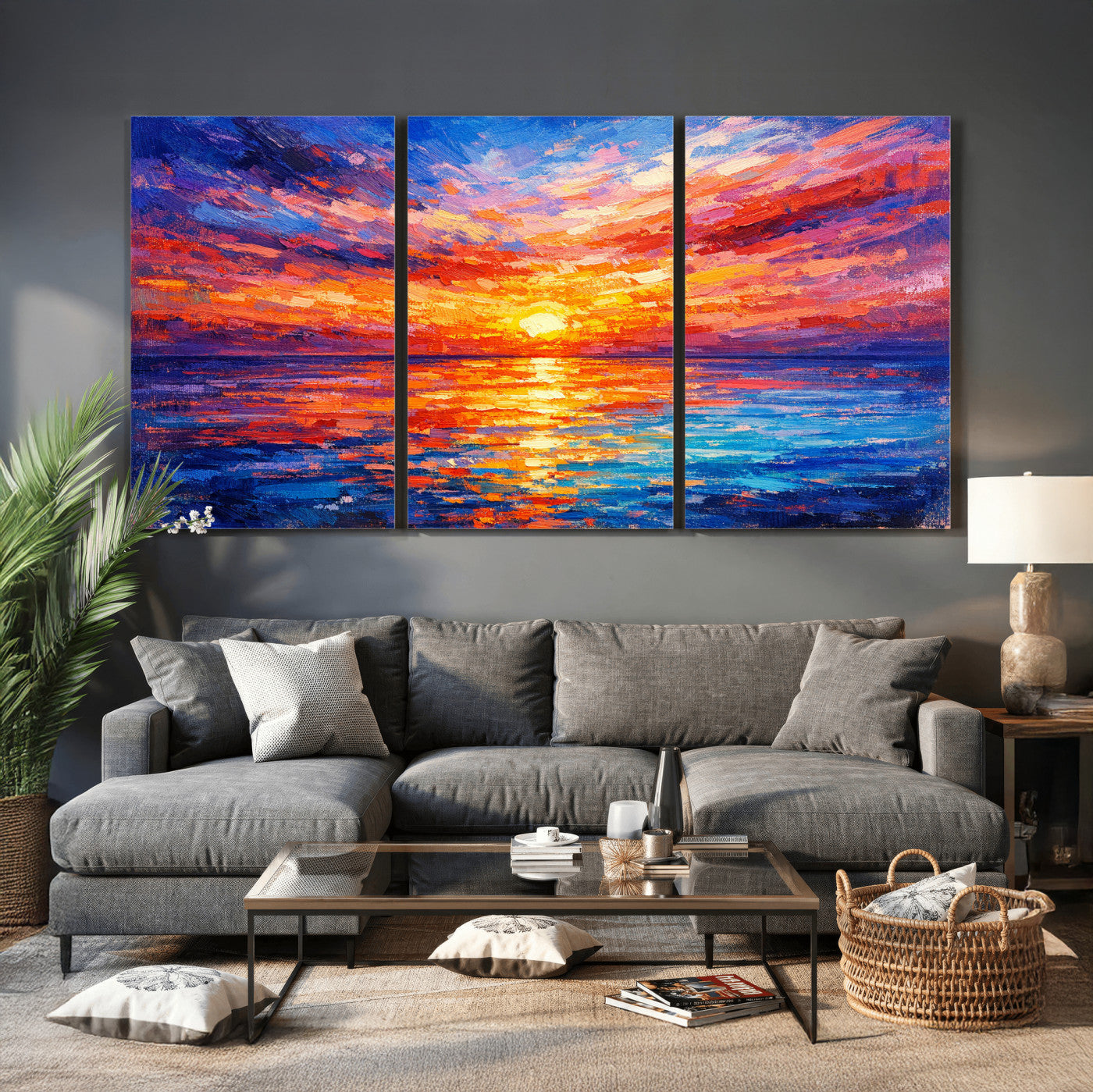 54915078-MGV-CV-36X24 - Colorful Knife Ocean Sunset Canvas — Orange Pink Teal Expressionist Sea Print | Colorful Coastal Wall Art | Vibrant Beach Decor Gift