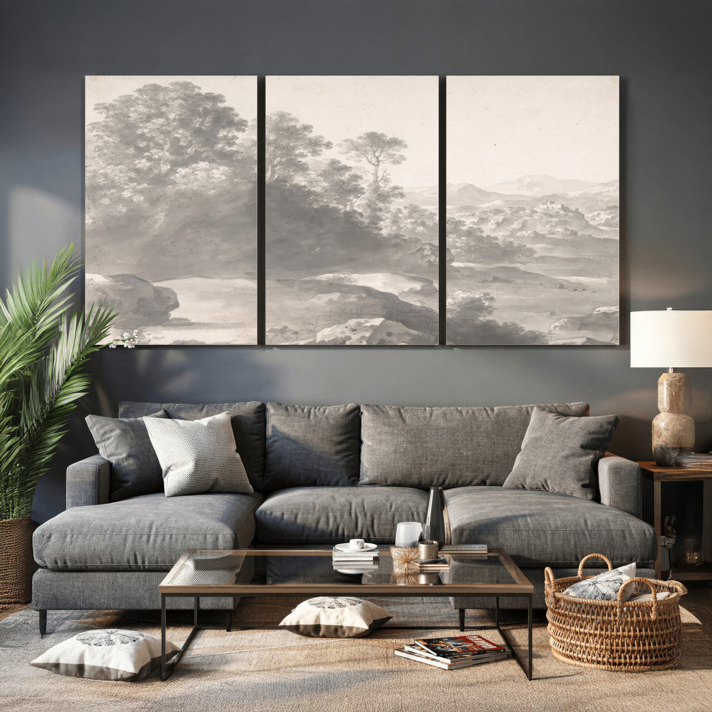 33041209-MGV-CV-36X24 - Van Poelenburch Landscape Canvas Wall Art — Dutch Golden Age Gray Wash Drawing Print | Baroque Italianate Nature Decor | Old Master Classic Gift