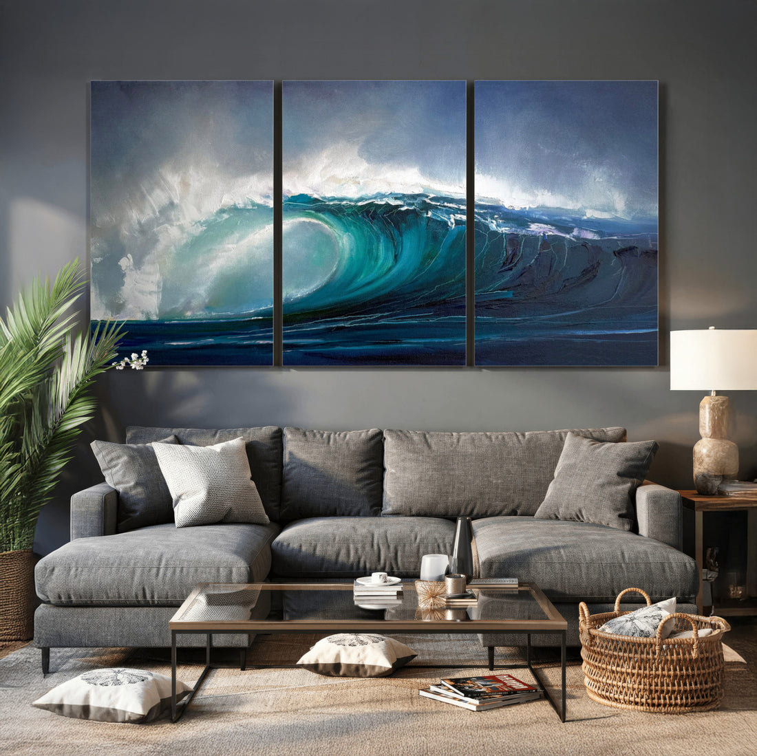 Ocean Wave Canvas Wall Art, Dramatic Teal Blue Seascape Oil Painting Print
