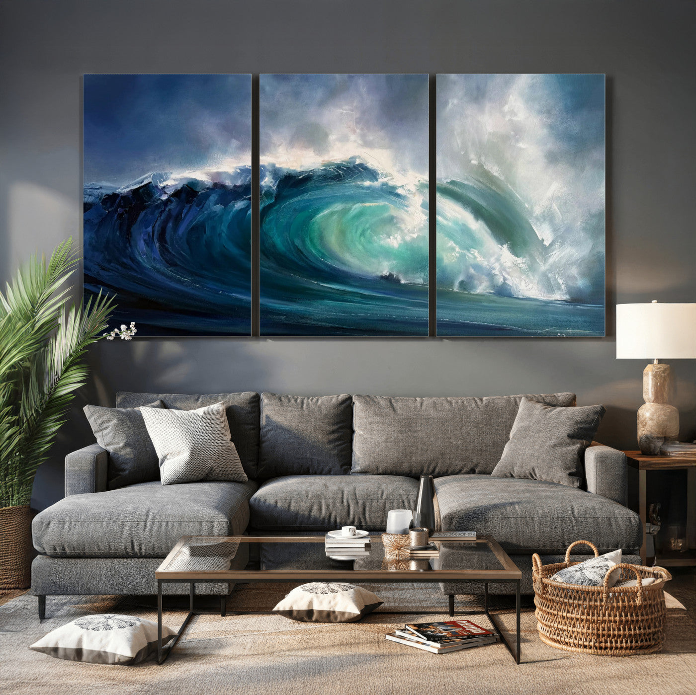 80752160-MGV-CV-60X30-3P - Ocean Wave Canvas Wall Art, Dramatic Teal Blue Seascape Oil Painting Print, Stormy Sea Coastal Decor, Large Beach House Art, Surf Wave Statement Art