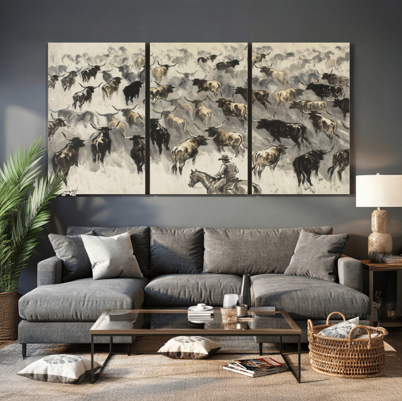 48049876-MGV-CV-36X24 - Cowboy Cattle Drive Canvas Wall Art, Western Longhorn Herd Ink Painting Print, Ranch Rodeo Decor, Black White Western Art, Large Living Room Art