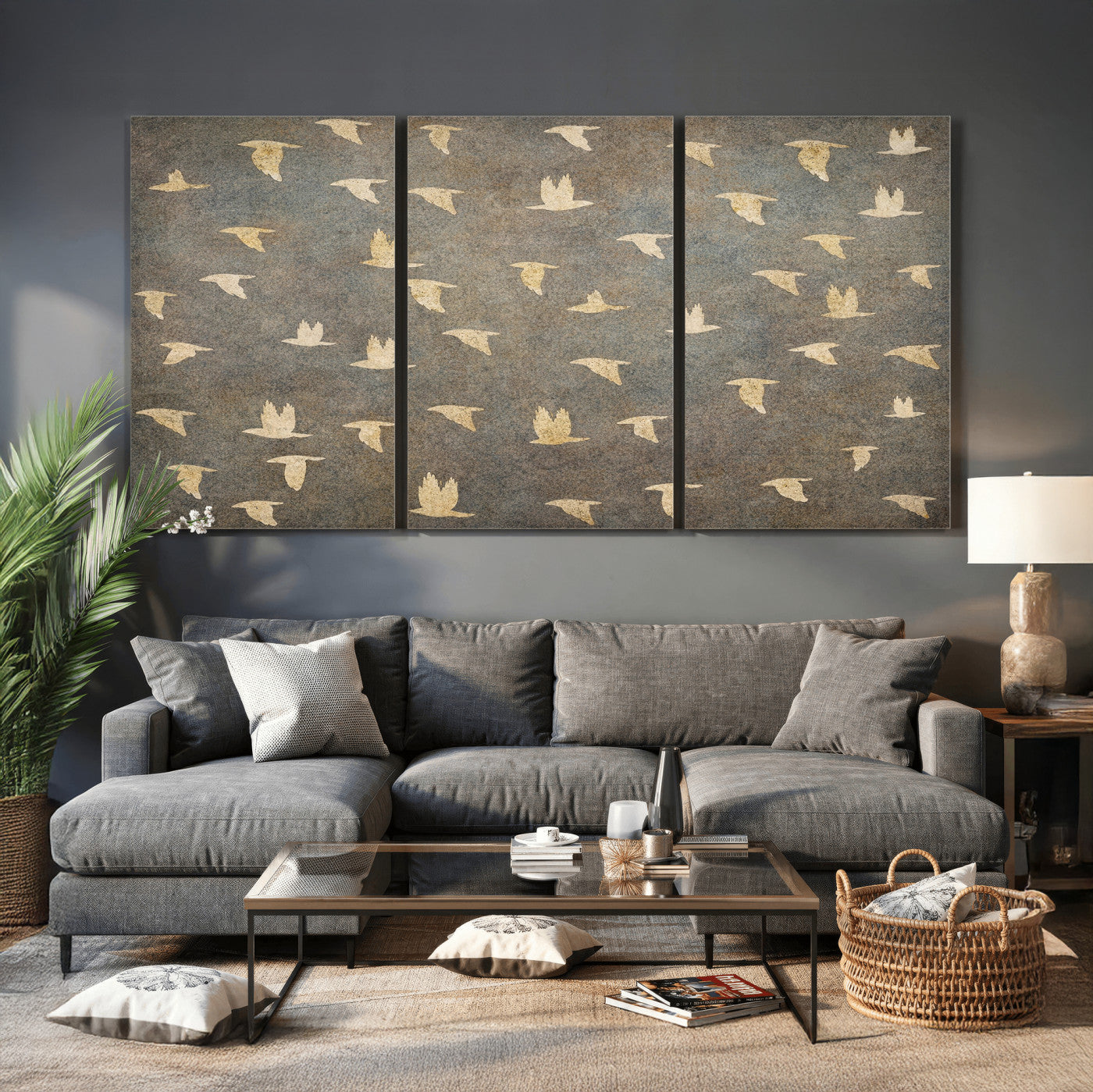 74076164-MGV-CV-36X24 - Flying Birds Canvas Wall Art, Vintage Bird Flock Pattern Print, Grey Gold Abstract Nature Decor, Rustic Bird Silhouette Art, Boho Living Room Decor