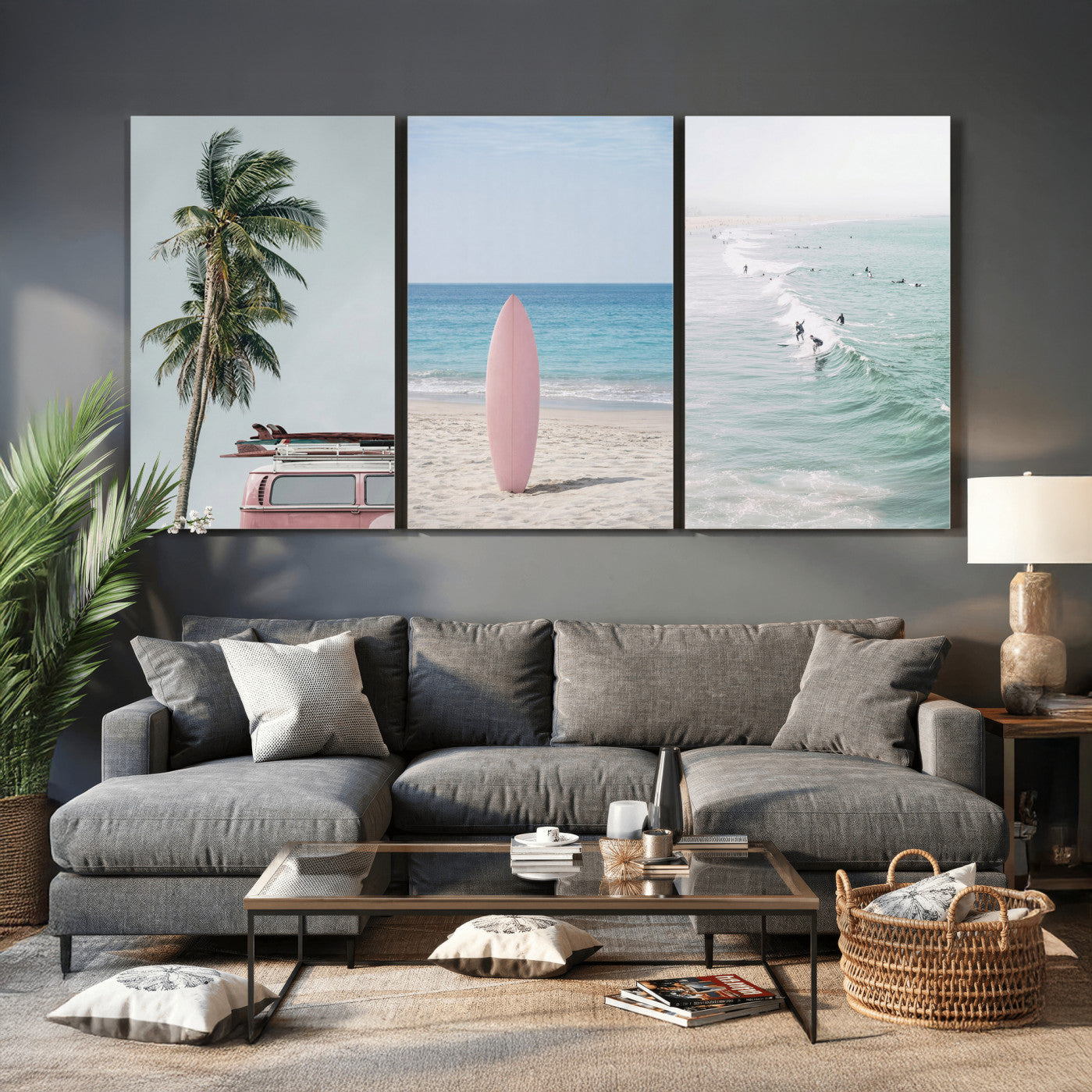 39028765-MGV-CV-60X30-3P - Surf Canvas Wall Art Set, Pink Surfboard VW Van Palm Tree Triptych, Beach House Coastal Decor, Pastel Ocean Photography Print, Boho Surf Decor