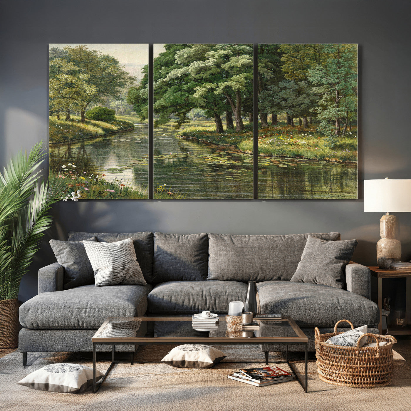 44288560-MGV-CV-36X24 - Forest Stream Canvas Wall Art, Peder Monsted A Forest Stream 1905 Print, Danish Realist Landscape, Lily Pad River Nature Decor, Vintage Green Painting