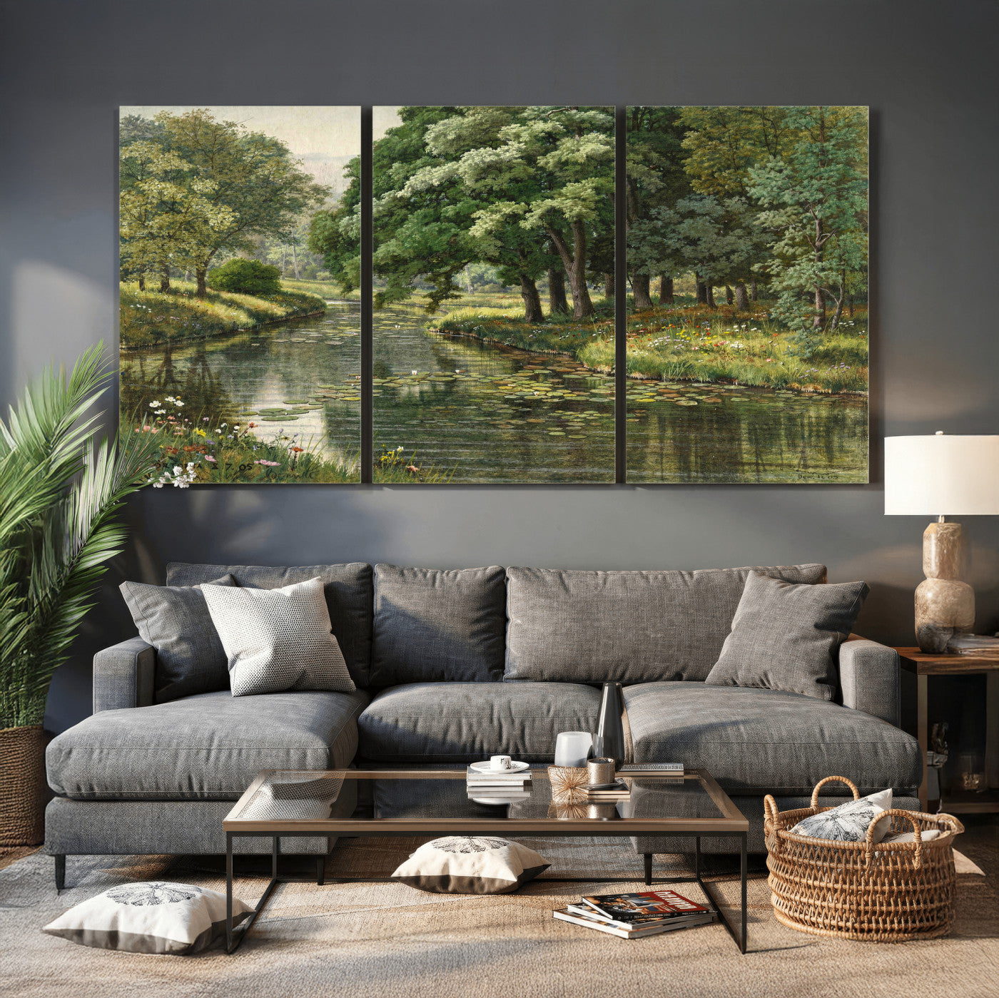 44288560-MGV-CV-36X24 - Forest Stream Canvas Wall Art, Peder Monsted A Forest Stream 1905 Print, Danish Realist Landscape, Lily Pad River Nature Decor, Vintage Green Painting