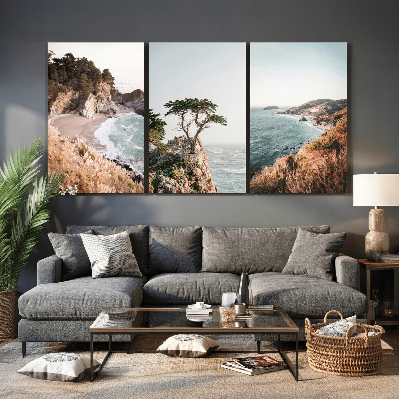 68839391G-MGV-CV-60X30-3P - California Coast Canvas Wall Art Set, Big Sur McWay Falls Lone Cypress Triptych Print, Coastal Photography Decor, Beach House Wall Art