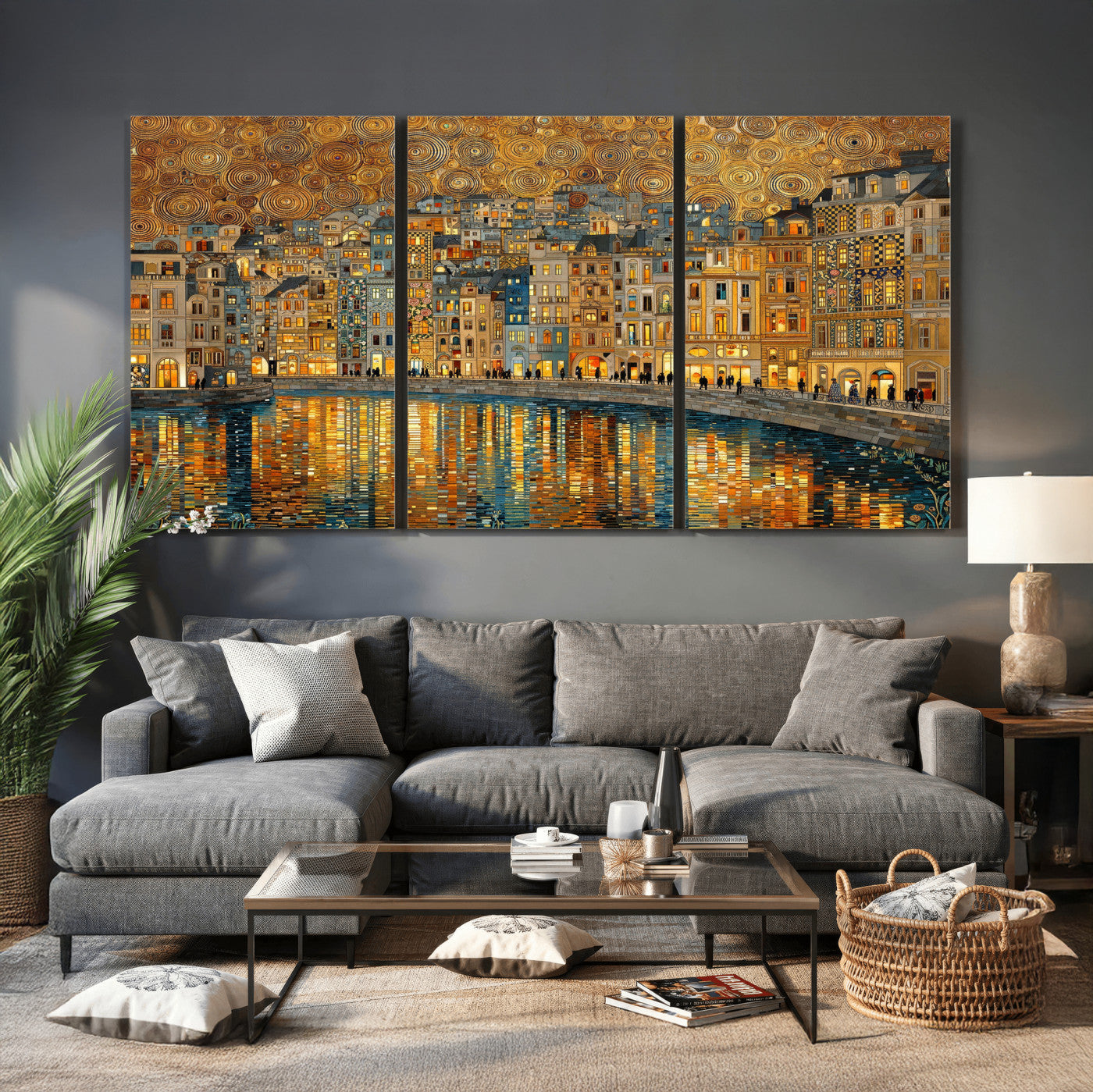 94022787-MGV-CV-36X24 - Gustav Klimt Golden Cityscape Wall Art Canvas Print, Framed River Town Landscape Artwork, Ornate Architecture Wall Decor for Living Room Bedroom Office