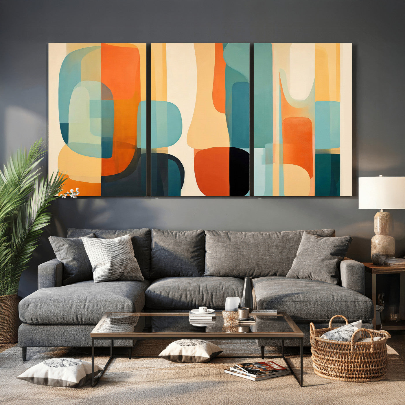 71488451-MGV-CV-60X30-3P - Abstract Geometric Wall Art Canvas Print, Mid Century Modern Wall Art, Abstract Wall Art Canvas Print for Living Room Bedroom Office