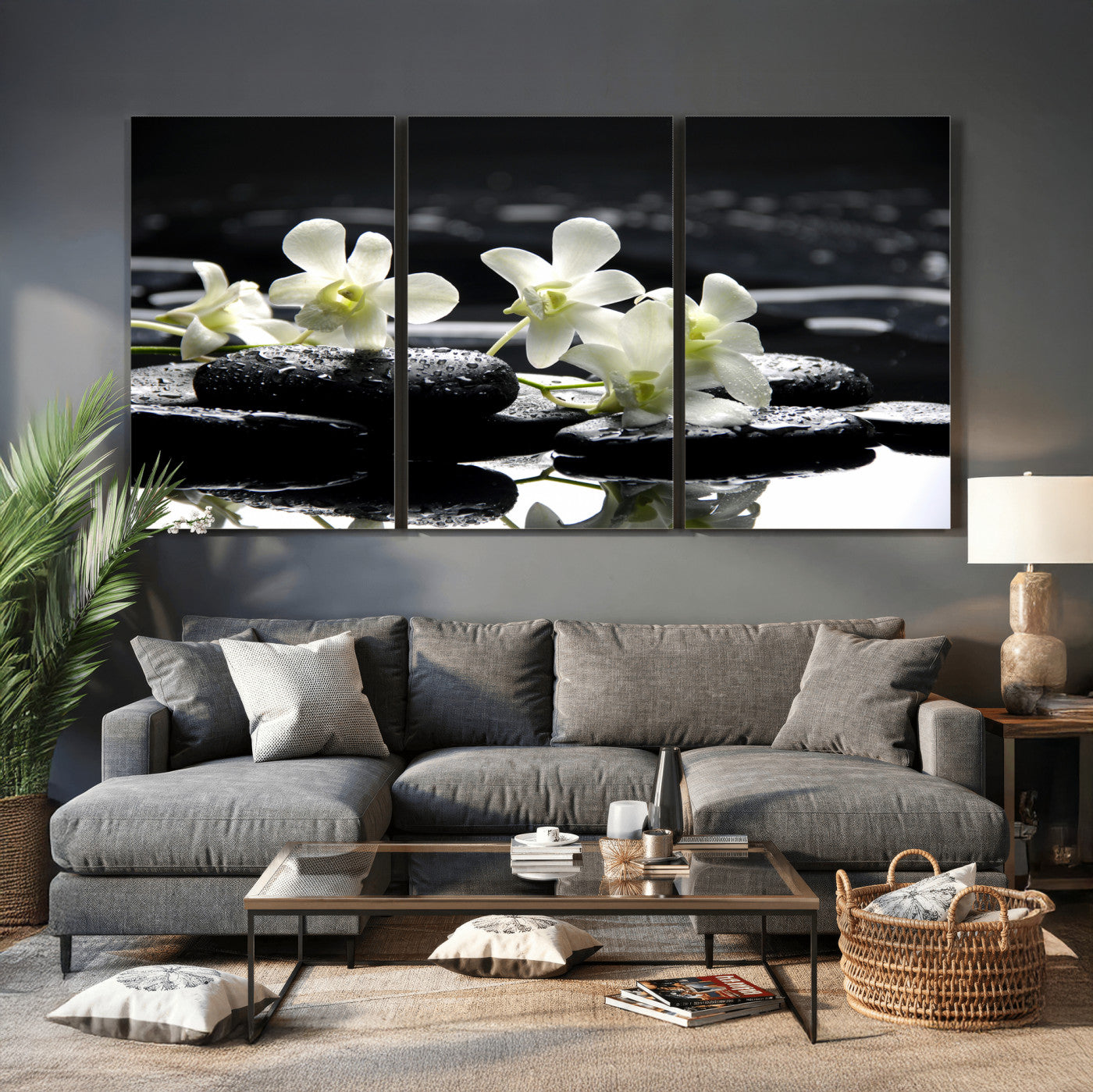 79486206-MGV-CV-36X24 - Plumeria Frangipani Black Stone Canvas | White Flower Spa Photography Print | Tropical Zen Wall Art | Grey Pebble Floral for Meditation Room Decor