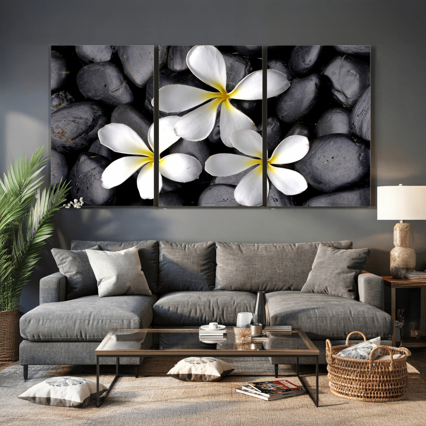 43639613-MGV-CV-36X24 - Plumeria Frangipani Black Stone Canvas | White Flower Spa Photography Print | Tropical Zen Wall Art | Grey Pebble Floral Decor
