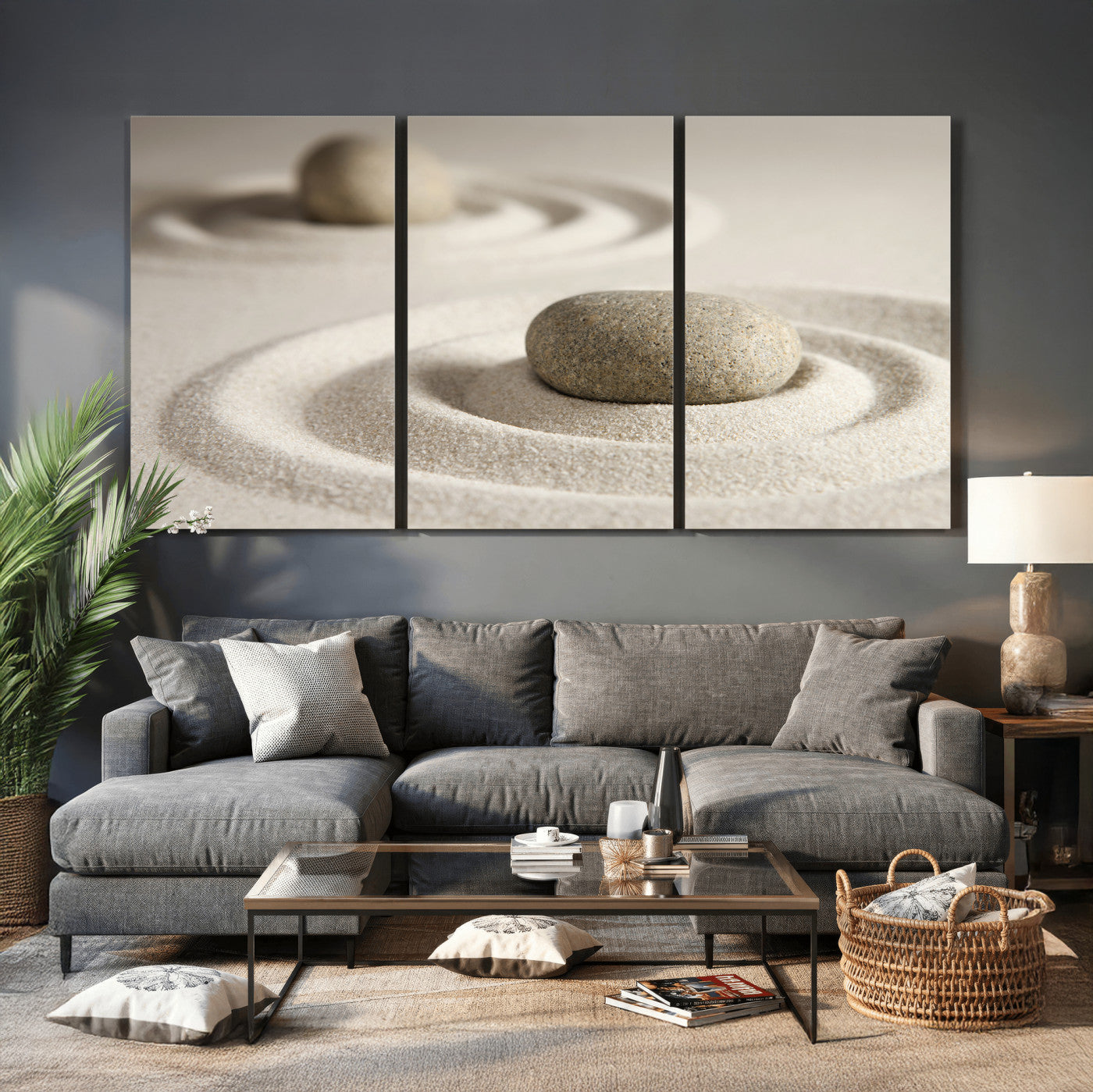 13397966-MGV-CV-36X24 - Zen Garden Stone Sand Canvas | Japanese Rock Garden Wall Art | Minimalist Meditation Print | Neutral Beige Mindfulness Decor