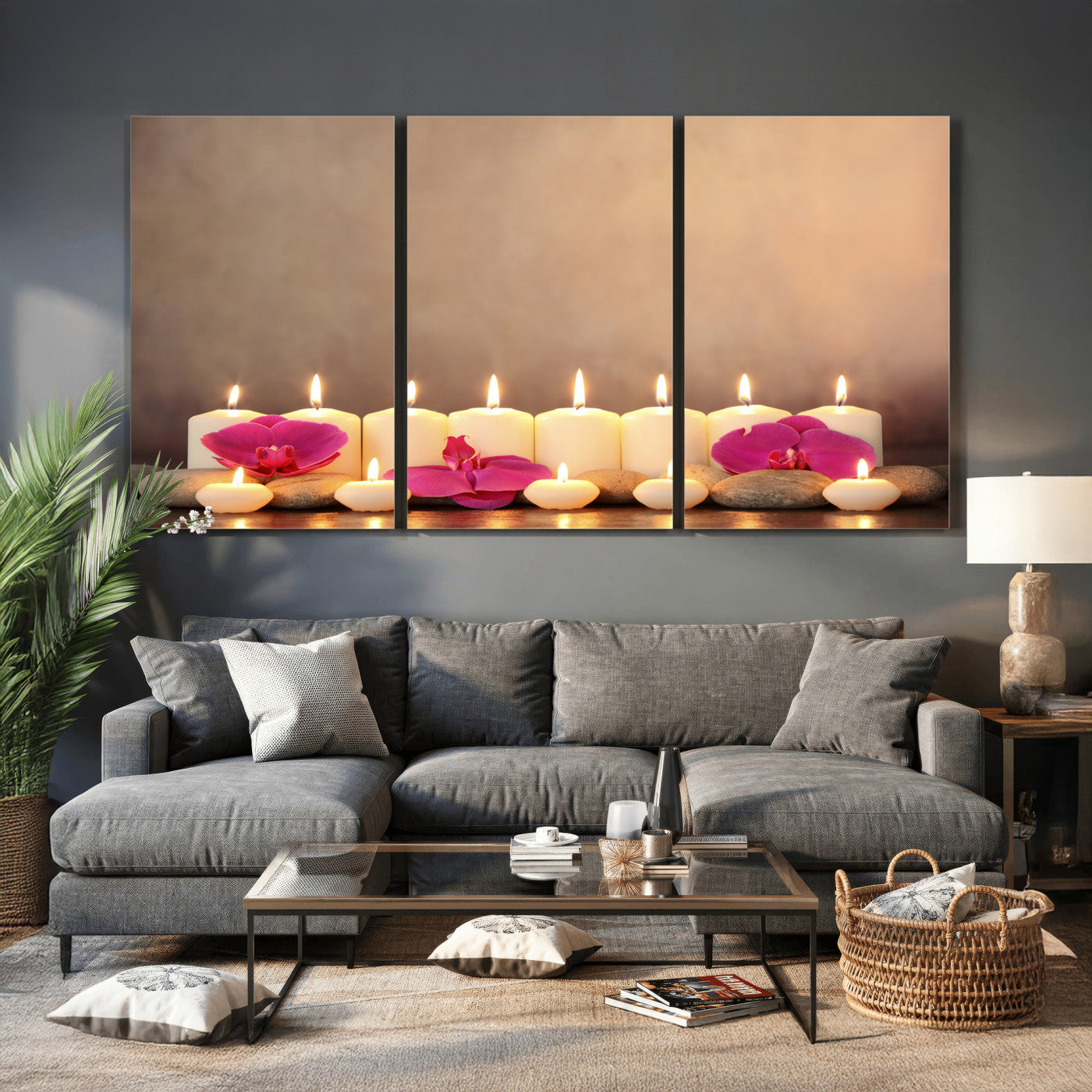 59470569-MGV-CV-36X24 - Spa Candles Orchid Canvas Print | Zen Wellness Relaxation Wall Art | Pink Flower Candlelight Bathroom Decor | Calm Beige Photography