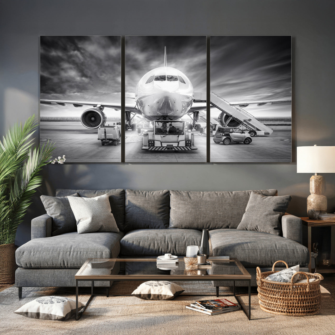 85885848-MGV-CV-36X24 - Airplane Wall Art Canvas Print, Black and White Jet Aircraft Airport Runway Framed Aviation Artwork for Pilot Office Hangar Travel Decor