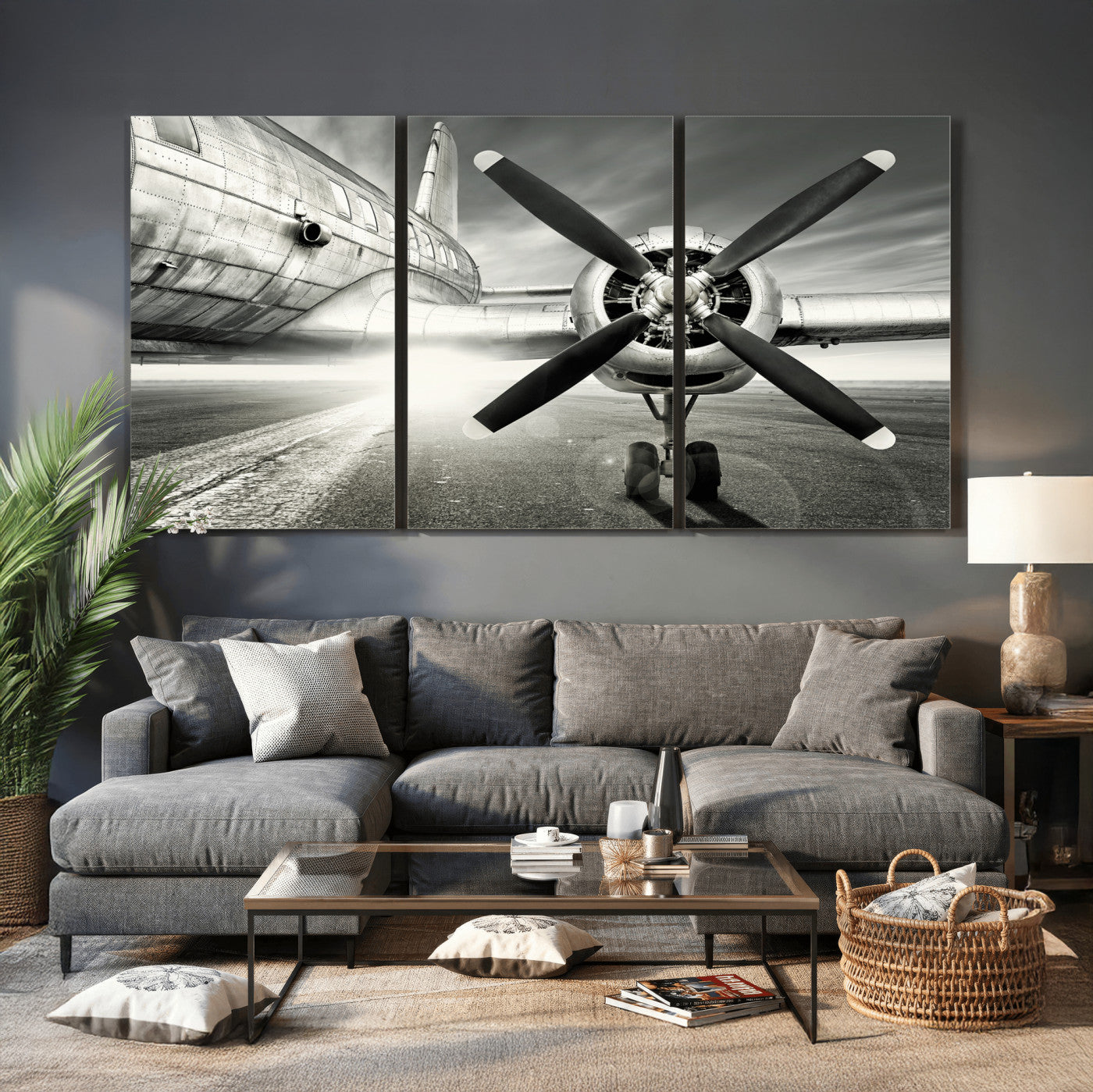 16420255-MGV-CV-36X24 - Vintage Airplane Wall Art Canvas Print, Black and White Propeller Aircraft Framed Aviation Artwork for Pilot Office Hangar Living Room Decor