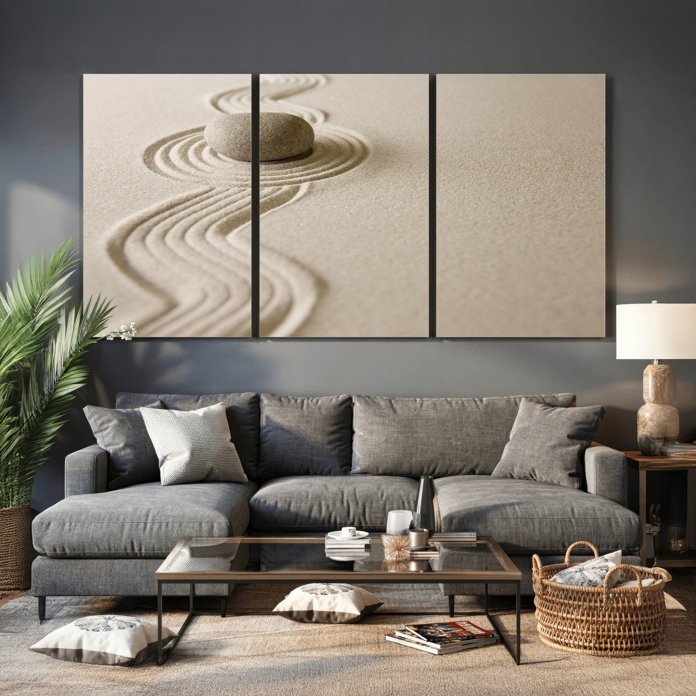 66852661-MGV-CV-36X24 - Zen Garden Stone Sand Canvas | Japanese Rock Garden Wall Art | Minimalist Meditation Print | Neutral Beige Mindfulness Decor