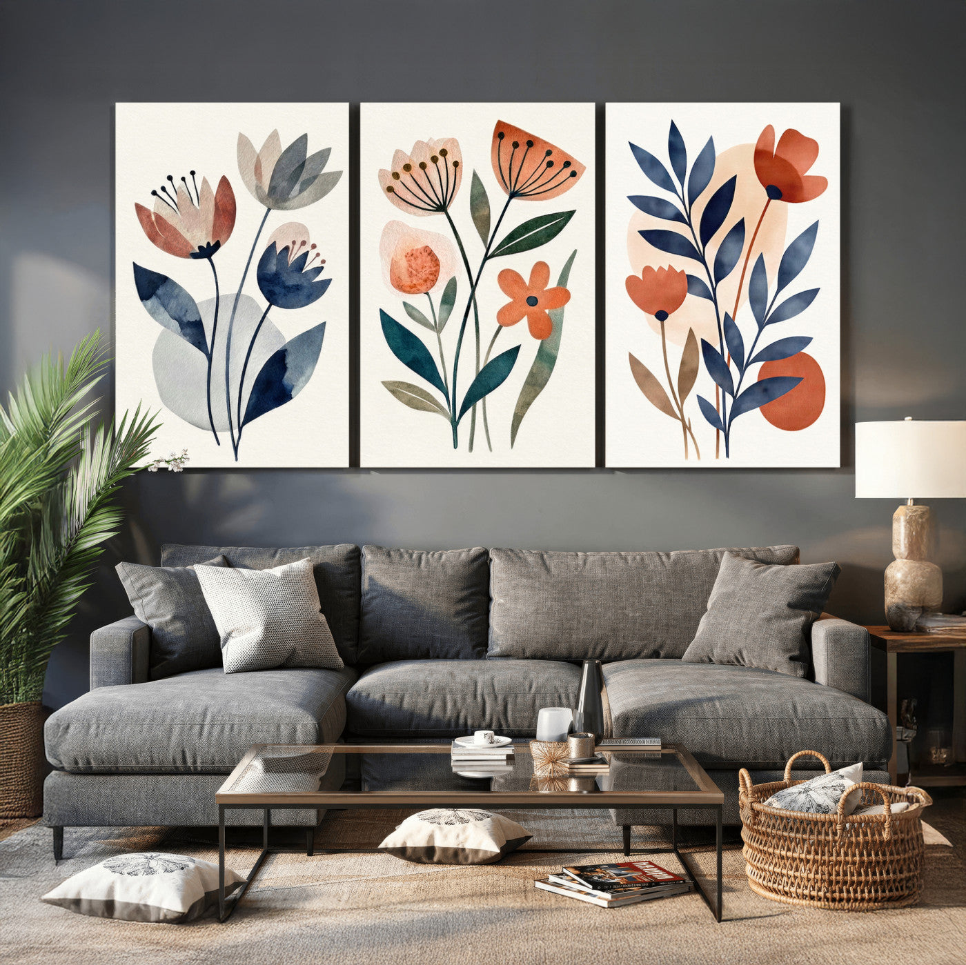 64426285-MGV-CV-60X30-3P - Watercolor Botanical Canvas Wall Art Set, Navy Terracotta Floral Triptych Print, Minimalist Flower Decor, Boho Living Room Art, Scandinavian Nature Print