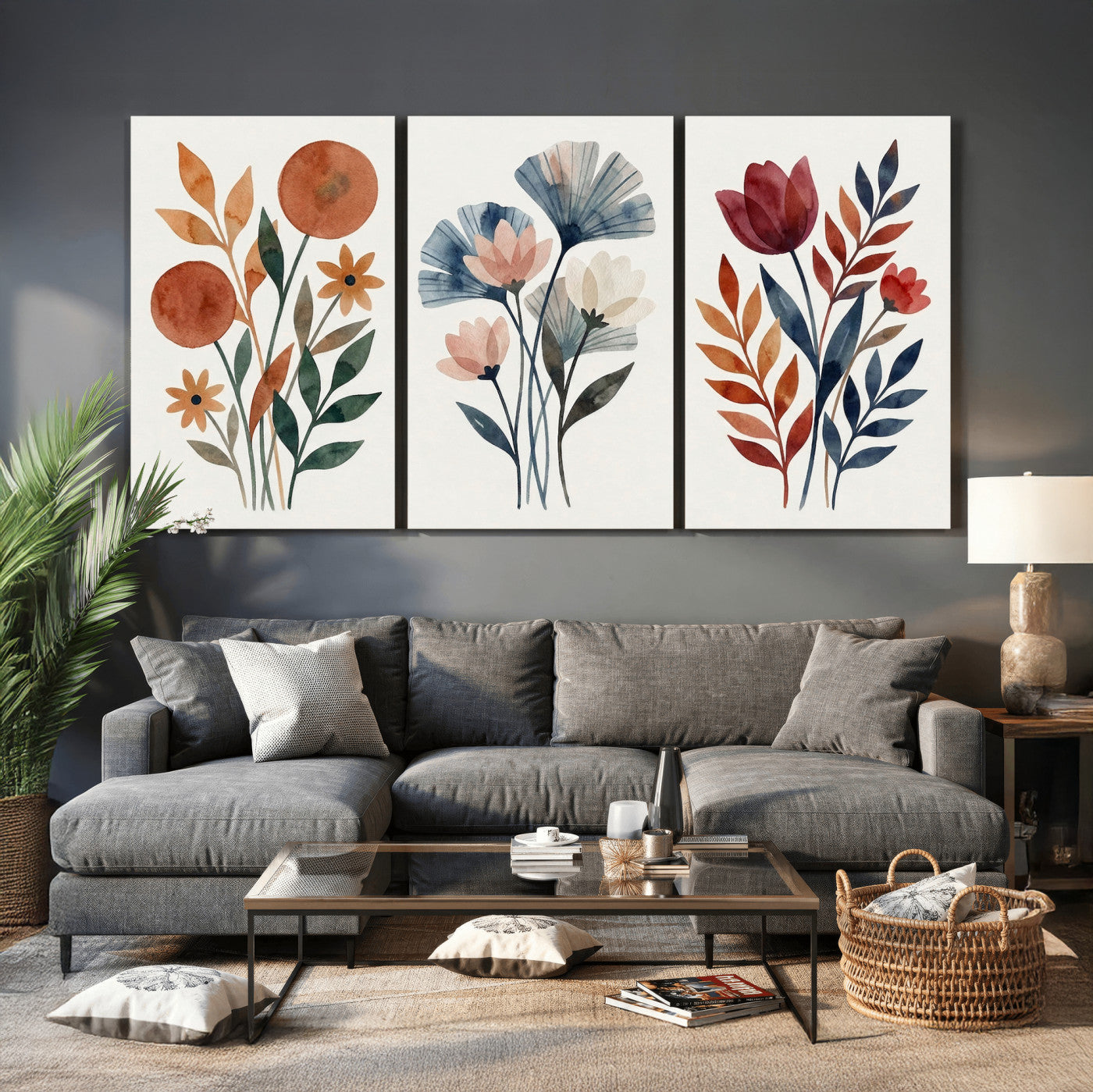 95190931-MGV-CV-60X30-3P - Watercolor Botanical Canvas Wall Art Set, Navy Terracotta Floral Triptych Print, Minimalist Flower Decor, Boho Living Room Art, Scandinavian Nature Print
