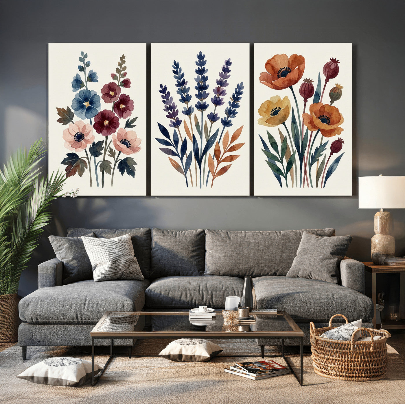 66468390-MGV-CV-60X30-3P - Watercolor Botanical Canvas Wall Art Set, Navy Terracotta Floral Triptych Print, Minimalist Flower Decor, Boho Living Room Art, Scandinavian Nature Print