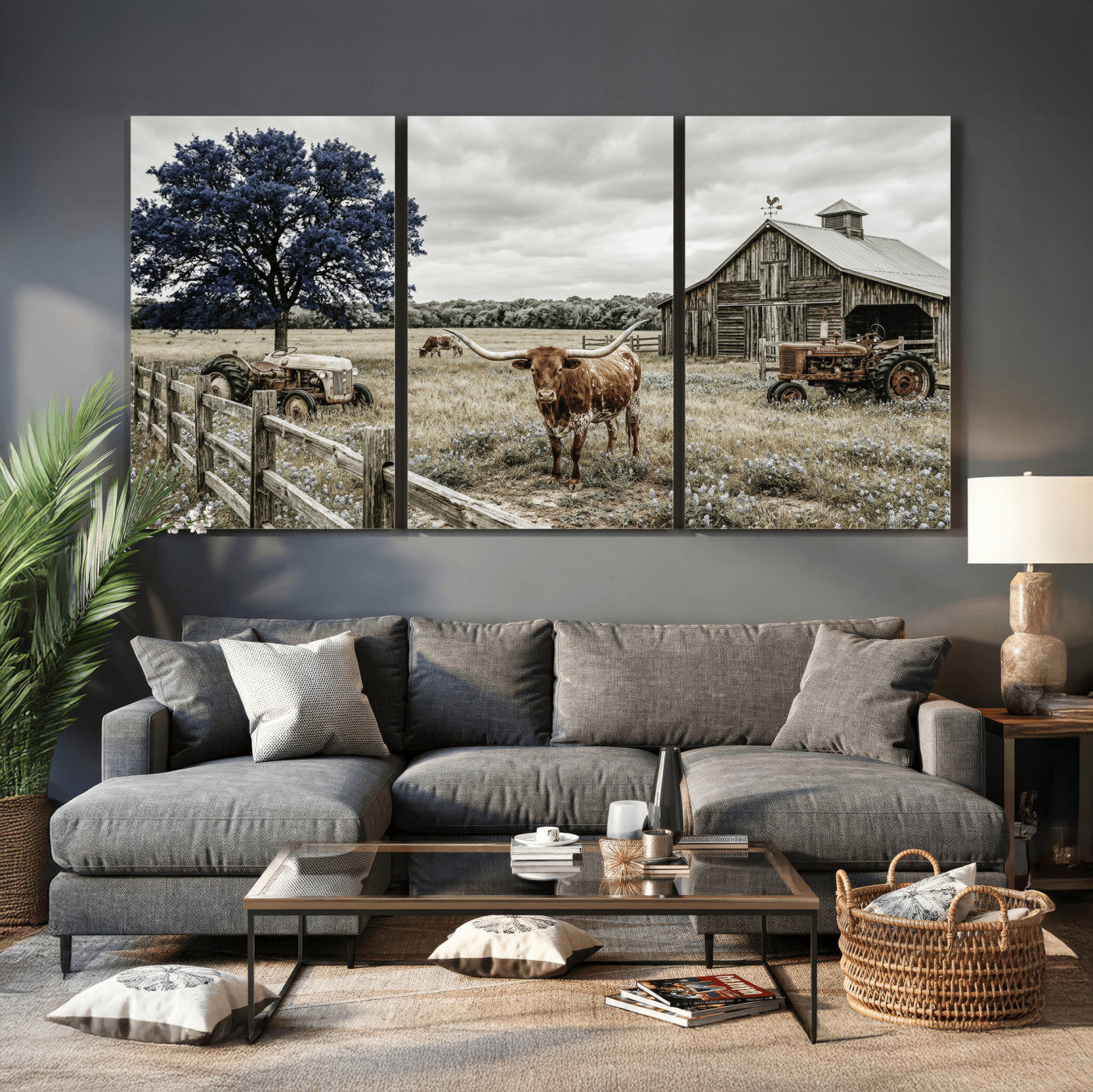 34049737-MGV-CV-60X30-3P - Texas Longhorn Canvas Wall Art, Rustic Farm Barn Bluebonnet Photography Print, Farmhouse Country Decor, Western Ranch Art, Old Truck Tractor Print