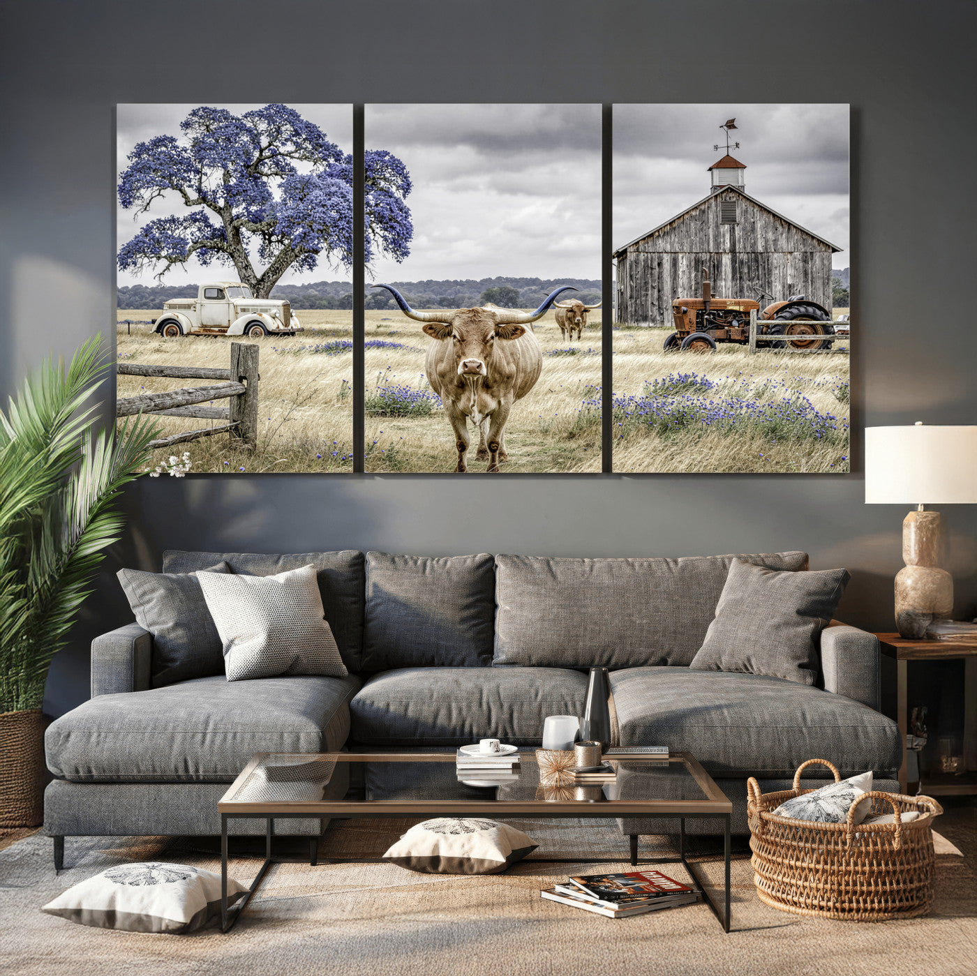 62336425-MGV-CV-60X30-3P - Texas Longhorn Canvas Wall Art, Rustic Farm Barn Bluebonnet Photography Print, Farmhouse Country Decor, Western Ranch Art, Old Truck Tractor Print