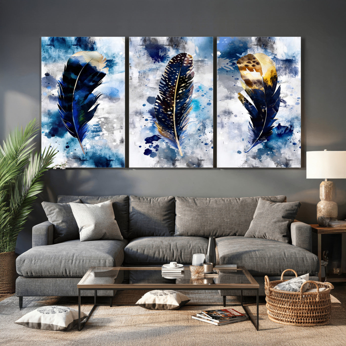 74325132F-MGV-CV-60X30-3P - Feather Canvas Wall Art Navy Blue Gold Watercolor Abstract Boho Eclectic Framed Large for Living Room Bedroom Office Entryway Decor