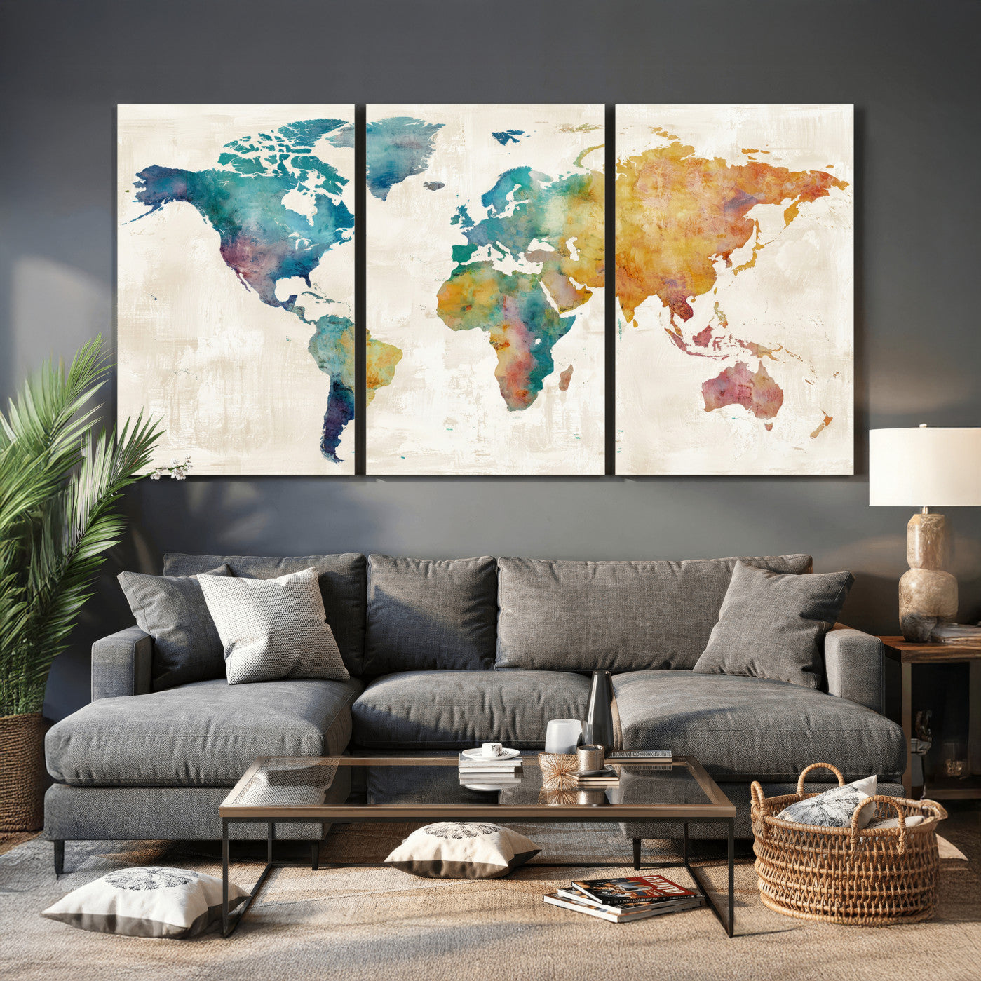 56556018-MGV-CV-36X24 - Watercolor World Map Canvas Wall Art Print – Abstract Colorful Travel Wall Decor