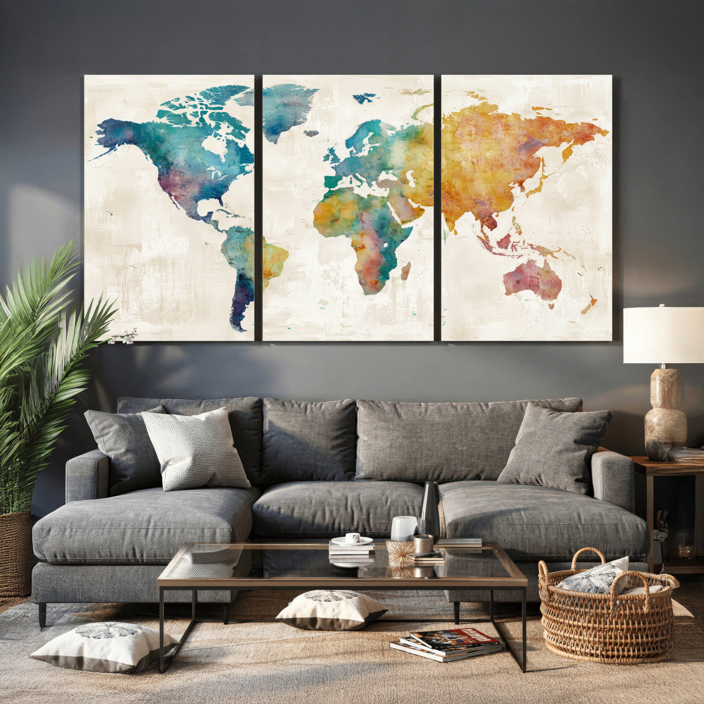 56556018-MGV-CV-36X24 - Watercolor World Map Canvas Wall Art Print – Abstract Colorful Travel Wall Decor