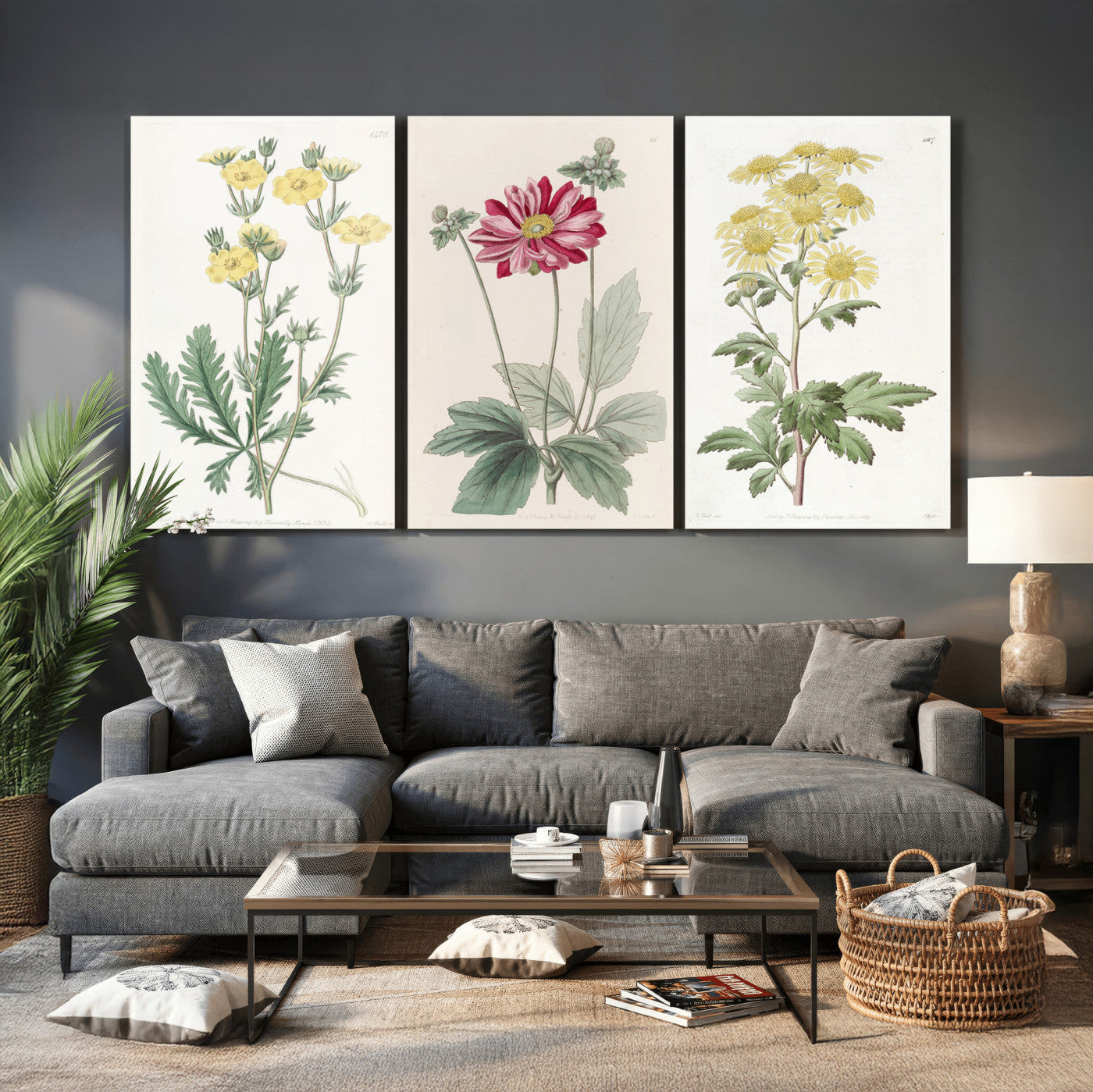17622011MF-MGV-CV-60X30-3P - Antique Botanical Canvas Wall Art, Victorian Flower Illustration Triptych Print, Cottagecore Vintage Botanical Decor