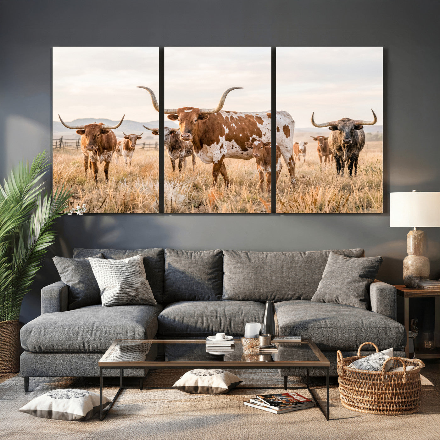62336425AC-MGV-CV-36X24 - Texas Longhorn Canvas Wall Art, Rustic Farm Animal Photography Print, Farmhouse Country Decor, Western Ranch Art