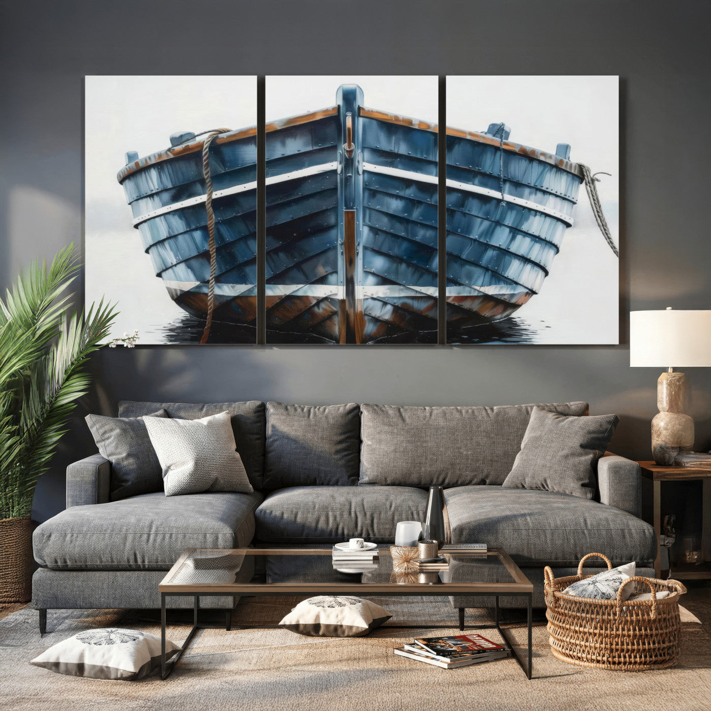 21601740-MGV-CV-36X24 - Blue Wooden Rowboat Canvas Wall Art, Coastal Nautical Boat Painting Print for Lake Beach House Decor, Minimalist Maritime Decor Artwork