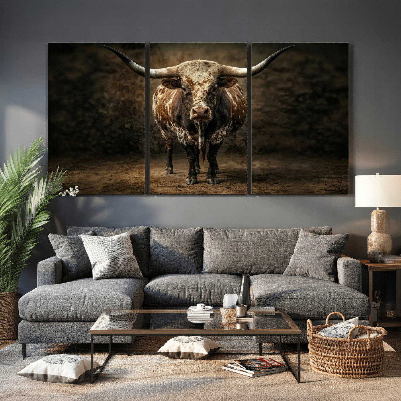 59378683-MGV-CV-60X30-3P - Texas Longhorn Bull Canvas Wall Art, Western Ranch Cattle Photography Print, Rustic Farmhouse Cowboy Decor Artwork
