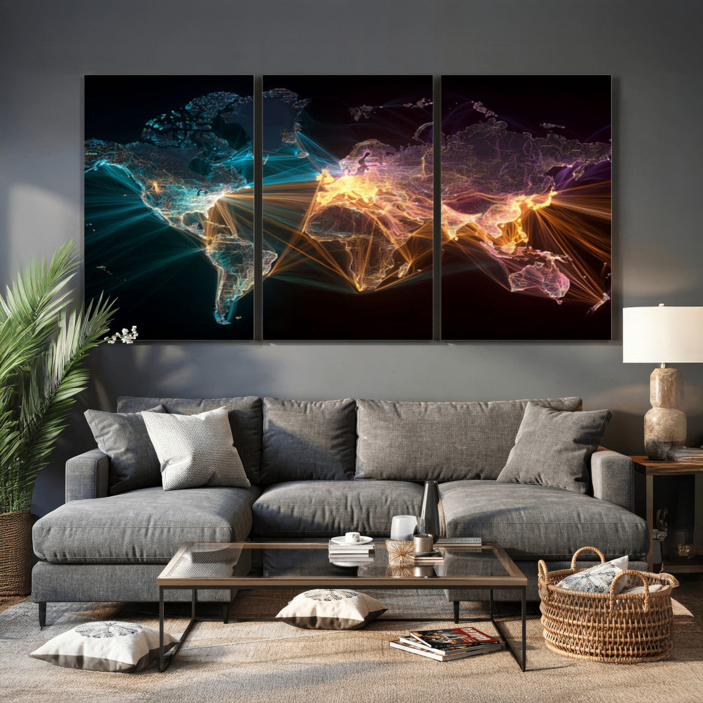 14891737-MGV-CV-36X24 - World Map and Global Flight Routes Map Canvas Wall Art, Worldwide Aviation Network Print, International Air Travel Wall Decor