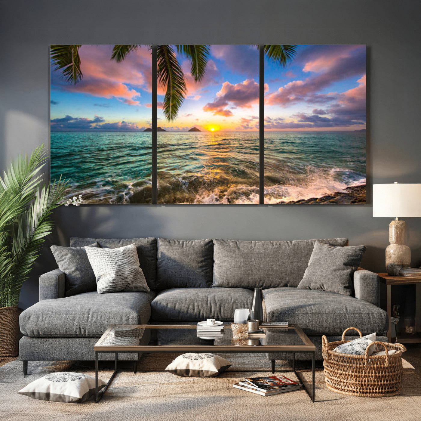 13207742-MGV-CV-36X24 - Hawaii Beach Sunset Canvas Wall Art Print, Tropical Ocean Landscape Artwork, Palm Tree Coastal Decor for Living Room Bedroom