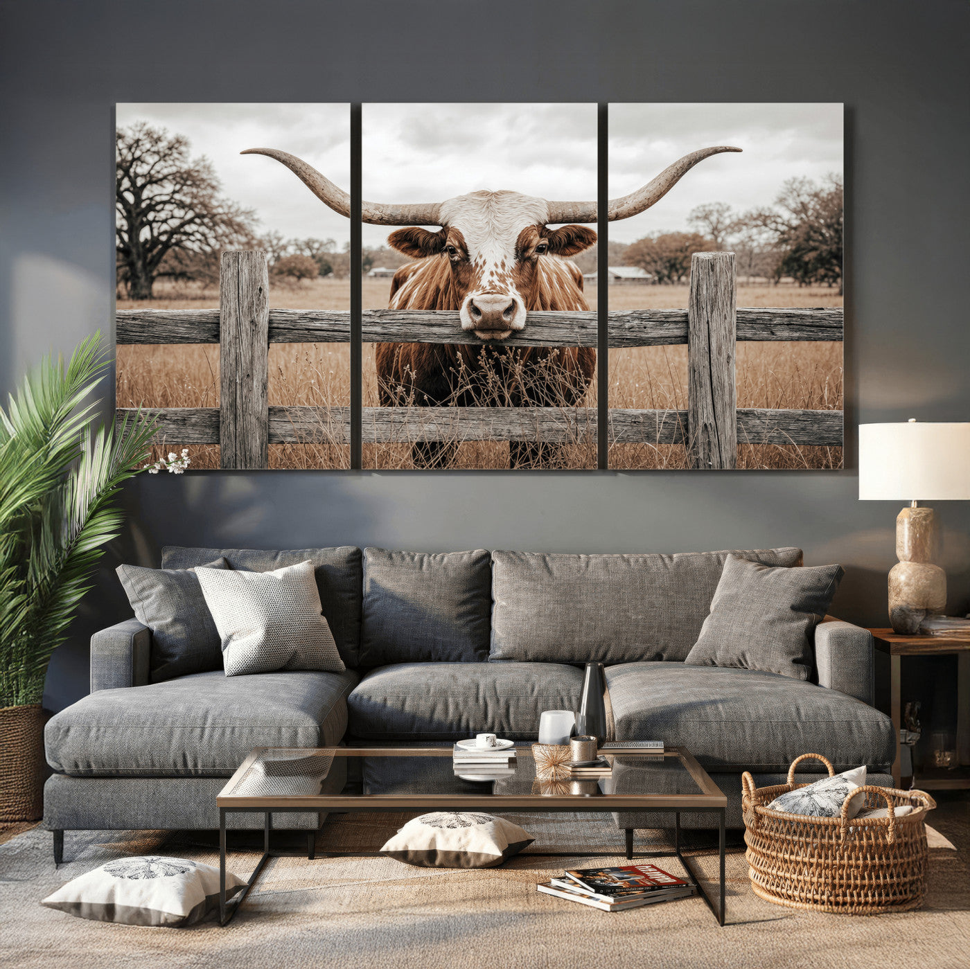 59378683N-MGV-CV-60X30-3P - Farmhouse Texas Longhorn Bull Canvas Wall Art, Western Ranch Cattle Photography Print, Rustic Barn Cowboy Decor Artwork