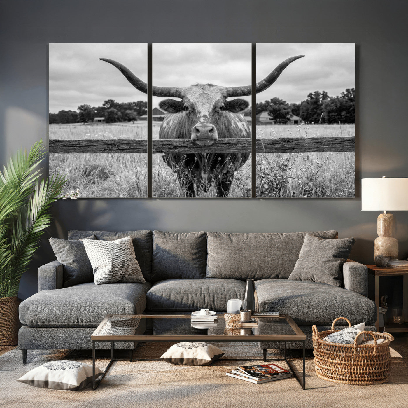59378683-MGV-CV-60X30-3P - Black White Texas Longhorn Bull Canvas Wall Art, Western Ranch Cattle Photography Print, Rustic Farmhouse Cowboy Decor Artwork