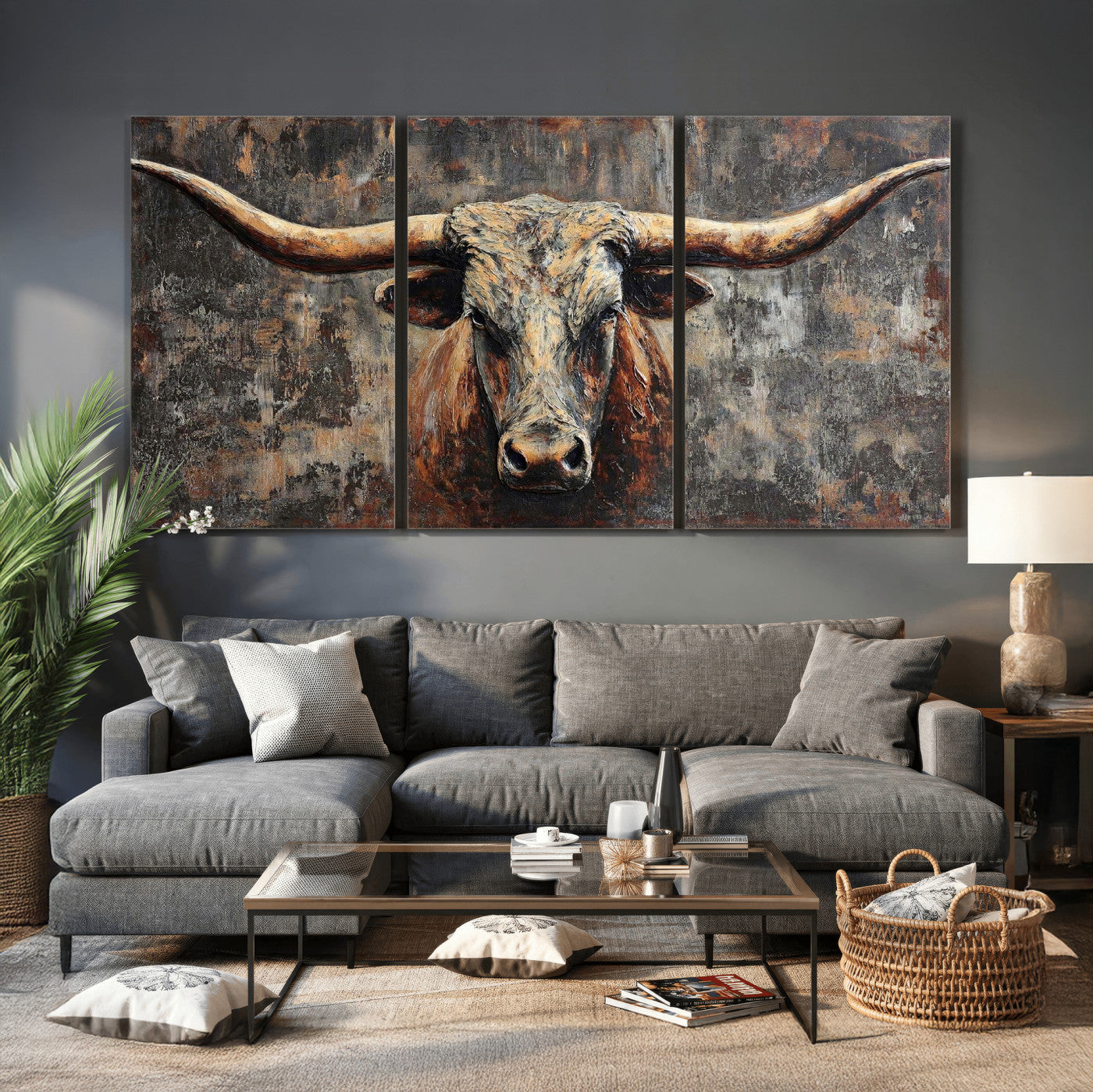 34202127RS-MGV-CV-60X30-3P - Texas Longhorn Skull Canvas Wall Art Rustic Western Decor Print