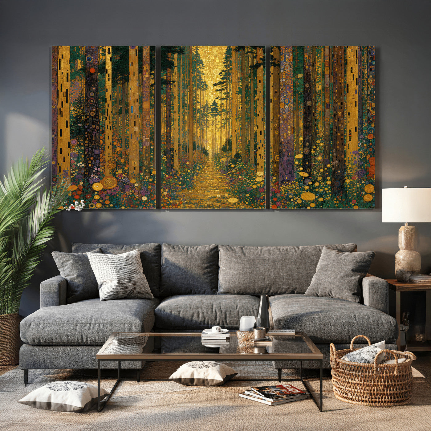 79483321G-MGV-CV-48X32-3P - Gustav Klimt Style Forest Canvas Wall Art, Golden Forest Path Floral Art Nouveau Print, Enchanted Woodland Decor
