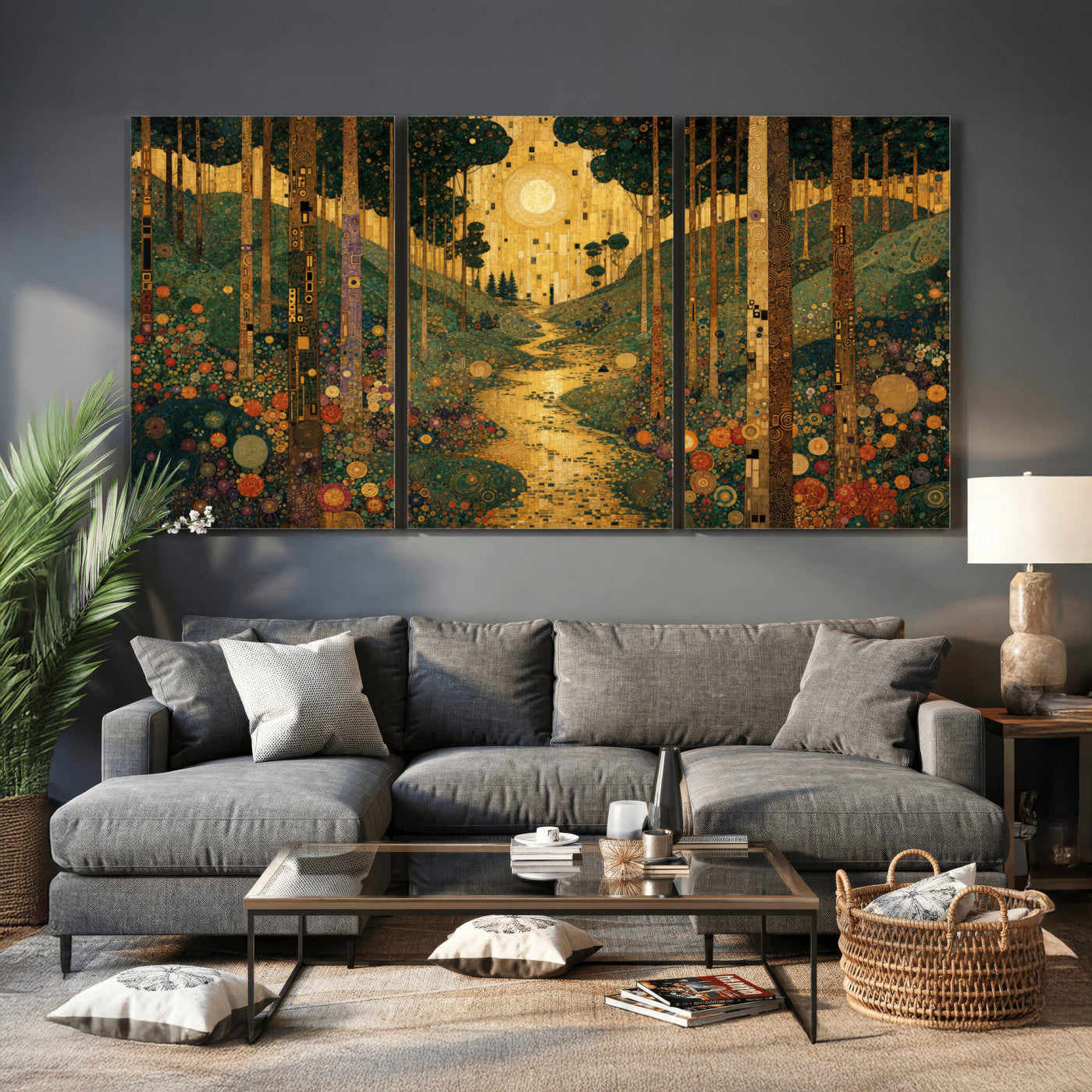 79483321GS-MGV-CV-48X32-3P - Gustav Klimt Style Forest Canvas Wall Art, Golden Forest Path Floral Art Nouveau Print, Enchanted Woodland Decor