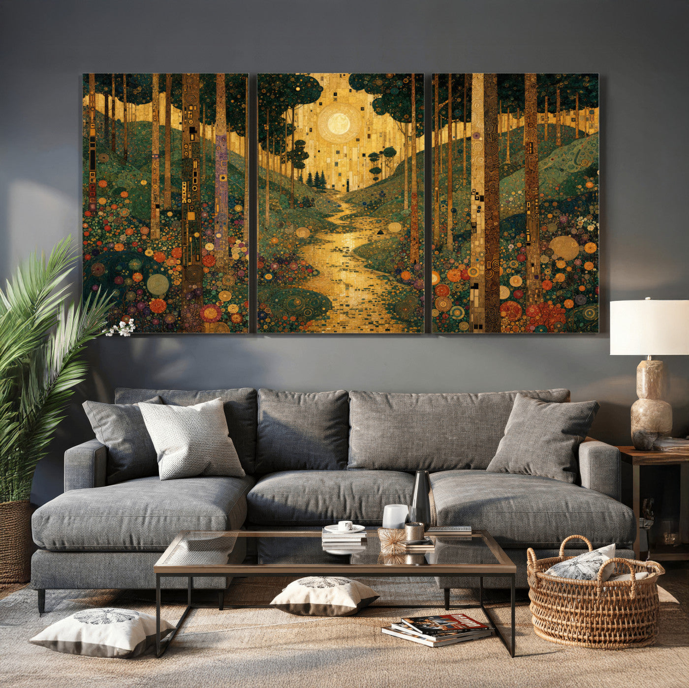 79483321GS-MGV-CV-48X32-3P - Gustav Klimt Style Forest Canvas Wall Art, Golden Forest Path Floral Art Nouveau Print, Enchanted Woodland Decor