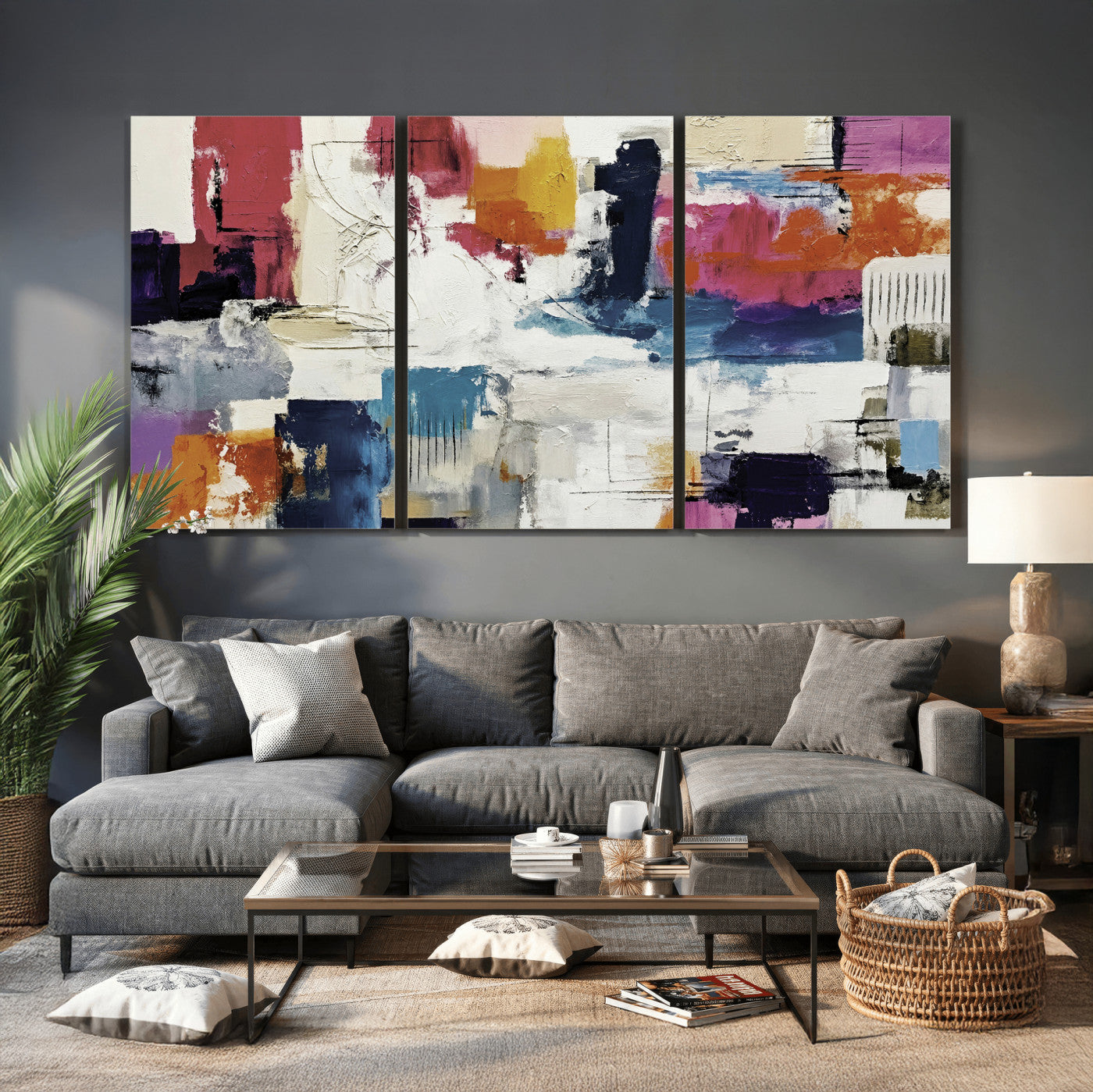 57864023-MGV-CV-36X24 - Blue Teal Abstract Canvas Wall Art, Modern Textured Painting Print, Navy Orange White Contemporary Art, Neutral Living Room Decor, Office Art