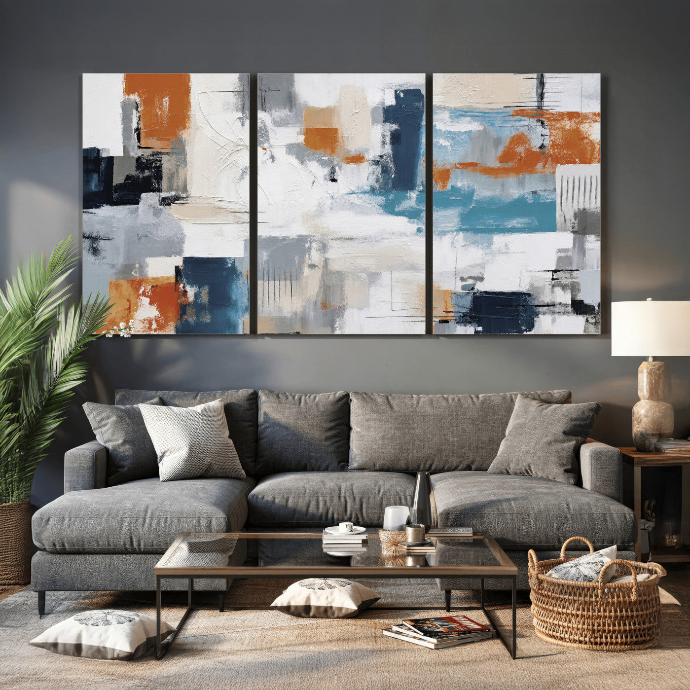 44950303-MGV-CV-36X24 - Blue Teal Abstract Canvas Wall Art, Modern Textured Painting Print, Navy Orange White Contemporary Art, Neutral Living Room Decor, Office Art