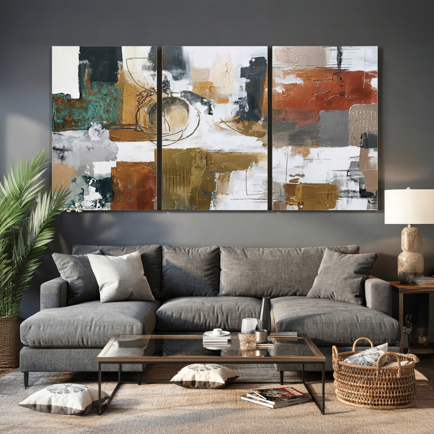 50720312-MGV-CV-36X24 - Blue Teal Abstract Canvas Wall Art, Modern Textured Painting Print, Navy Orange White Contemporary Art, Neutral Living Room Decor, Office Art