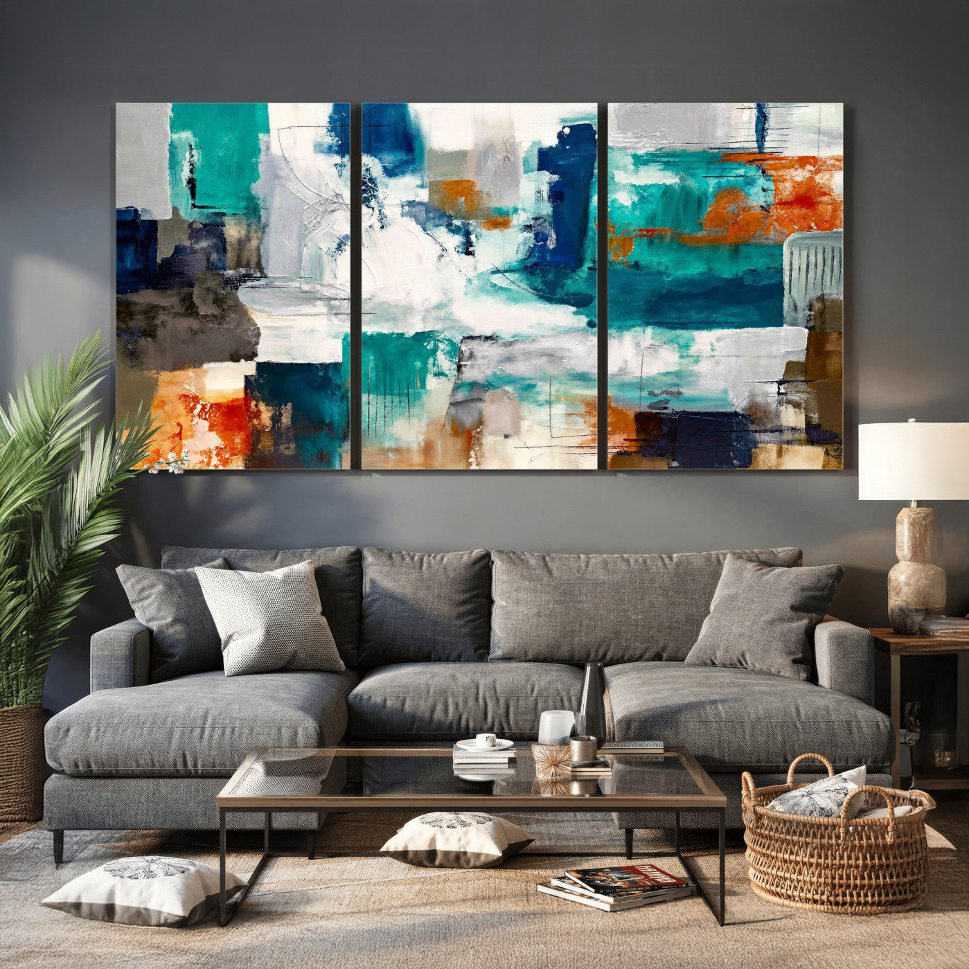 44038089-MGV-CV-36X24 - Blue Teal Abstract Canvas Wall Art, Modern Textured Painting Print, Navy Orange White Contemporary Art, Neutral Living Room Decor, Office Art