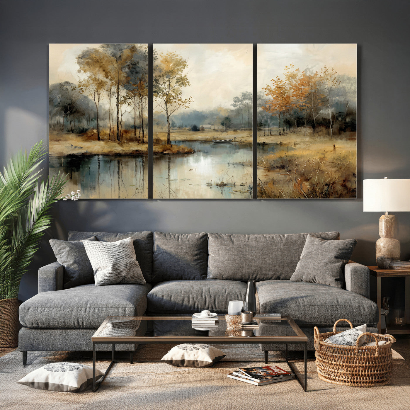 74391095-MGV-CV-36X24 - Abstract WatercolorAutumn Lake Canvas Wall Art Print, Misty Forest Landscape, Rustic Nature Painting, Cabin Wall Decor | Ready to Hang