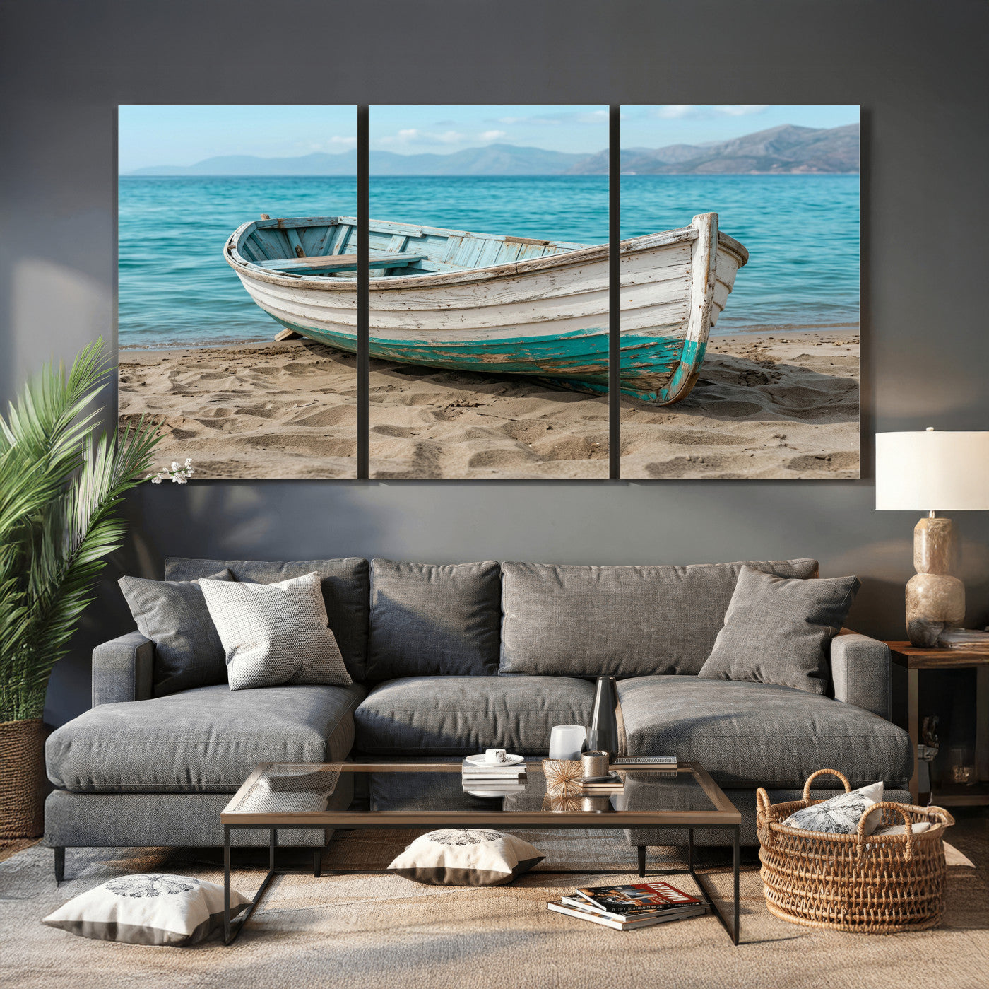 49963709-MGV-CV-36X24 - Coastal Boat Canvas Wall Art Print, Beach Boat Painting, Nautical Ocean Decor, Seascape Wall Art - Ready to Hang