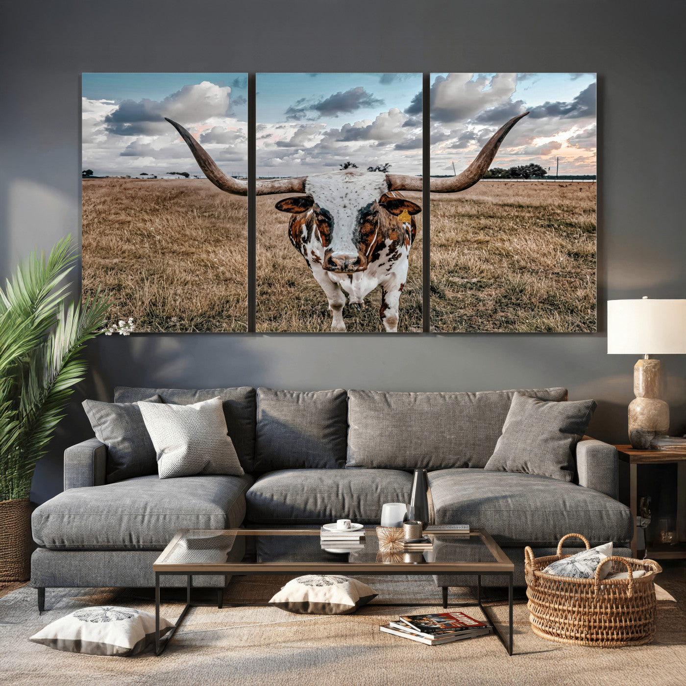 17464823-MGV-CV-36X24 - Texas Longhorn Canvas Wall Art Print - Western Cow Photography, Rustic Ranch Decor, Farmhouse Wall Art, Ready to Hang