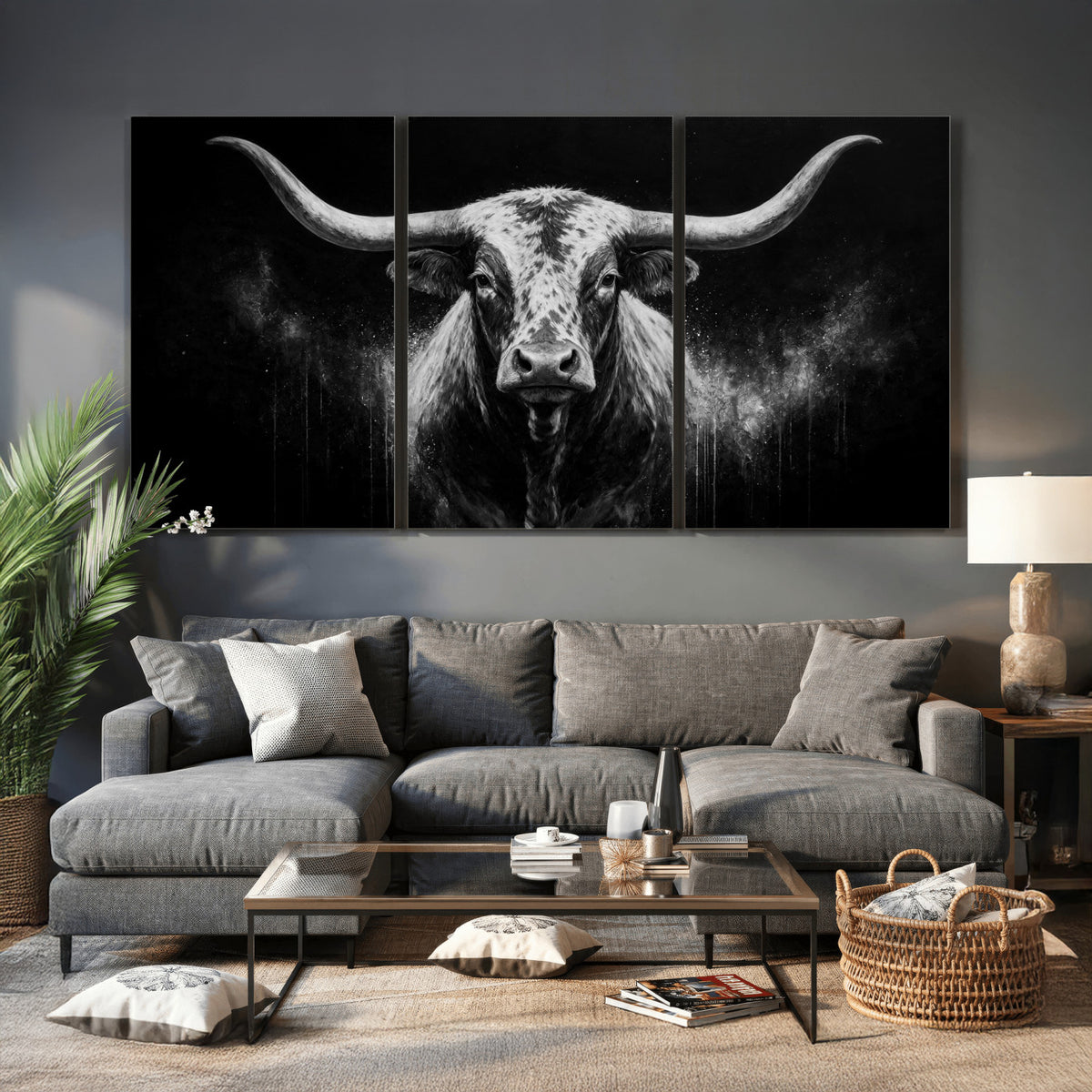 29671077-MGV-CV-60X30-3P - Texas Bull Cow Longhorn Canvas Wall Art Moody Western Bull Oil Painting Print