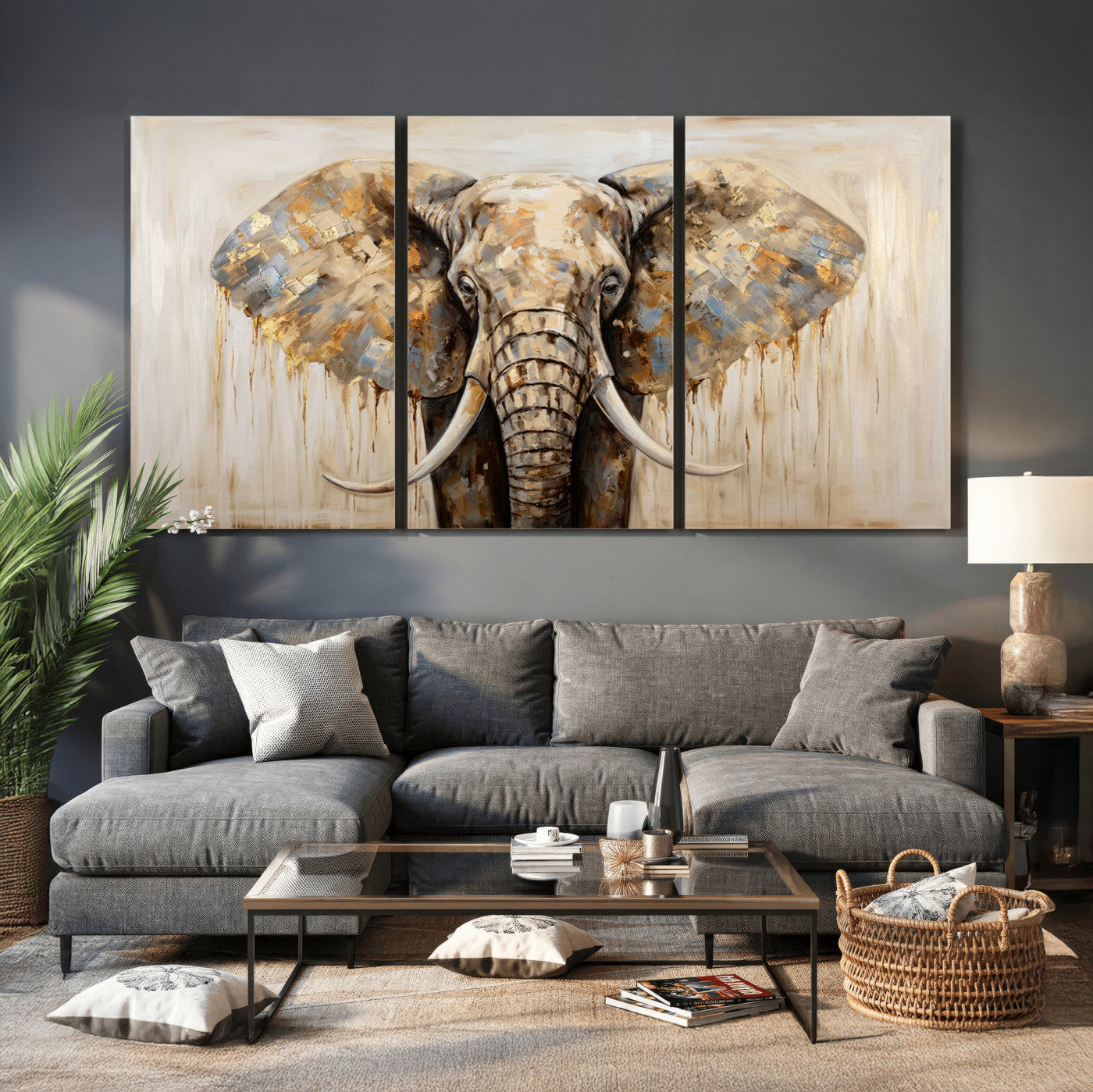 95819221-MGV-CV-36X24 - Gold Leaf Elephant Canvas Wall Art Abstract African Wildlife Painting Print