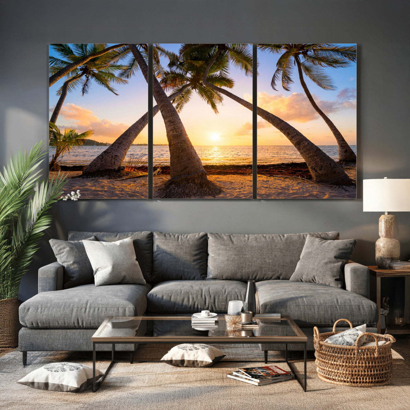 75123213-MGV-CV-36X24 - Tropical Island Coconut Palm Trees Sunset Wall Art Canvas Print - Turquoise Beach Print for Nautical Home Decor